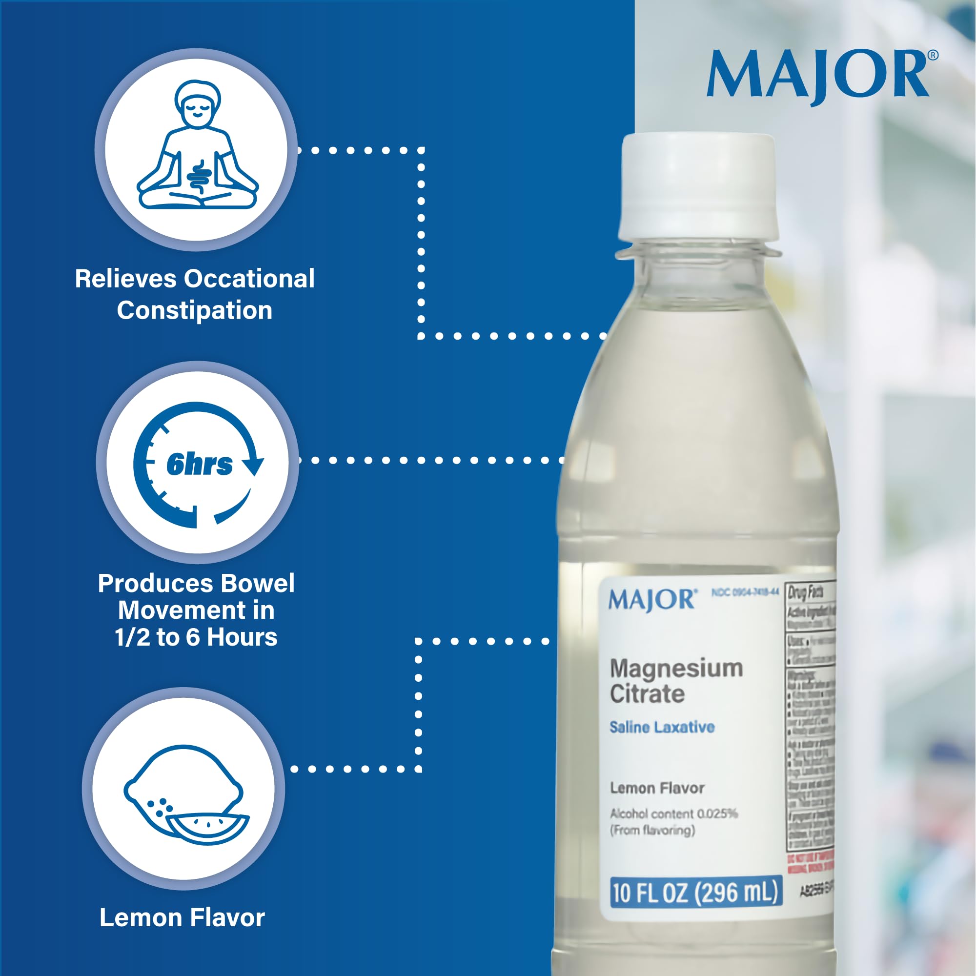 Major Magnesium Citrate Saline Laxative - Helps Relieve Occasional Constipation (Irregularity) - Lemon Flavor - 10 Fl. Oz. (1 Pack)