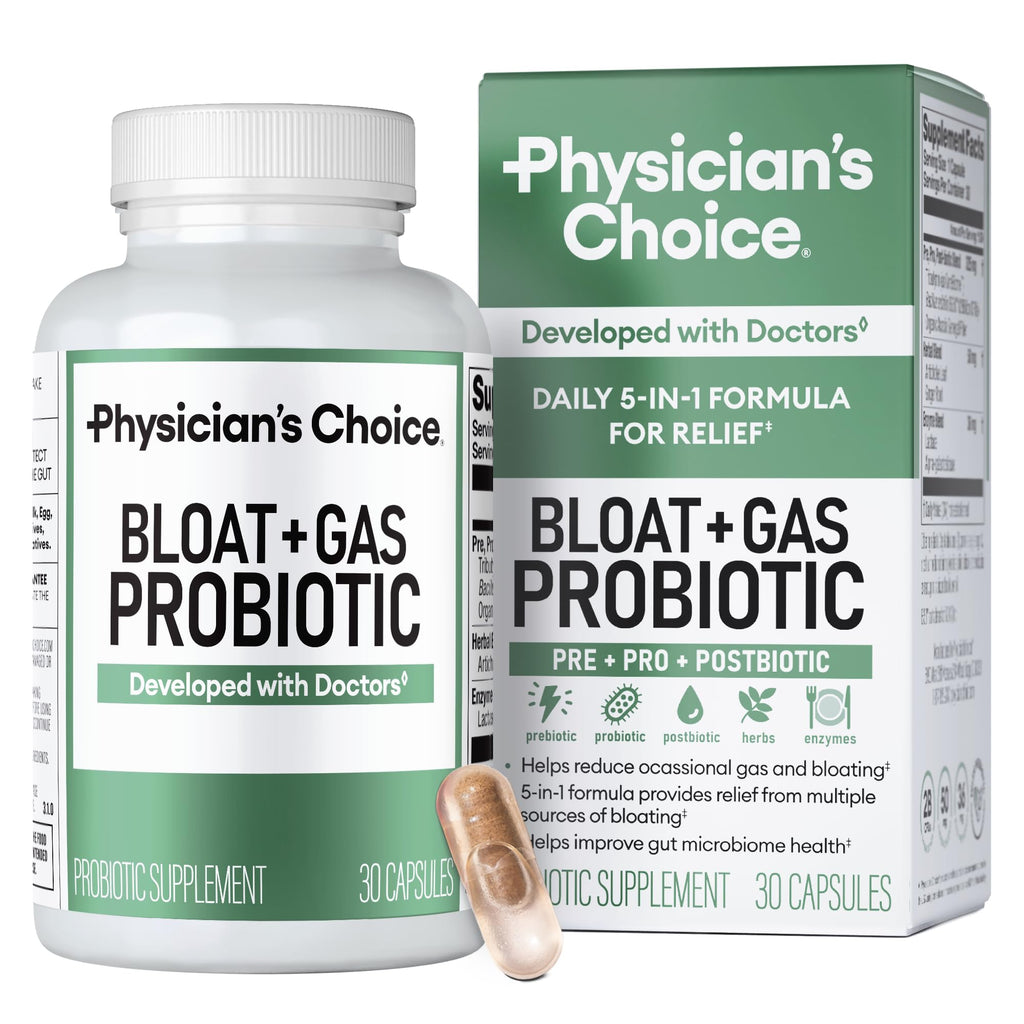 Physician's CHOICE Bloat & Gas Probiotic 5-in-1 Proactive Support + Daily Relief - Digestion & Gut Health- Herbals, Digestive Enzymes, Post & Prebiotics