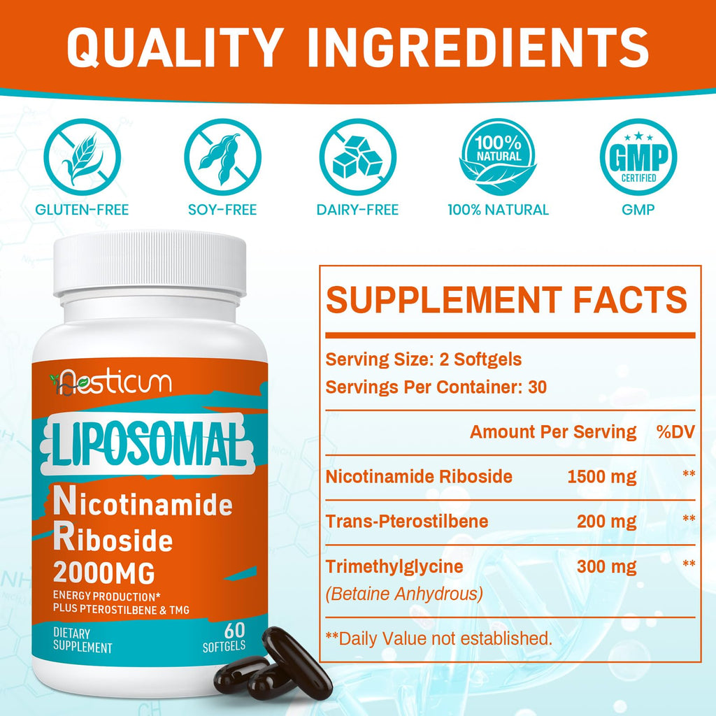 Aesticum 2000 MG Nicotinamide Riboside, NMNH Supplement Alternative, Liposomal Nicotinamide Riboside Supplement with TMG & Pterostilbene - NAD*, Energy, Focus, Immunity, Age Resist - 120 Softgels Aesticum Au supplements