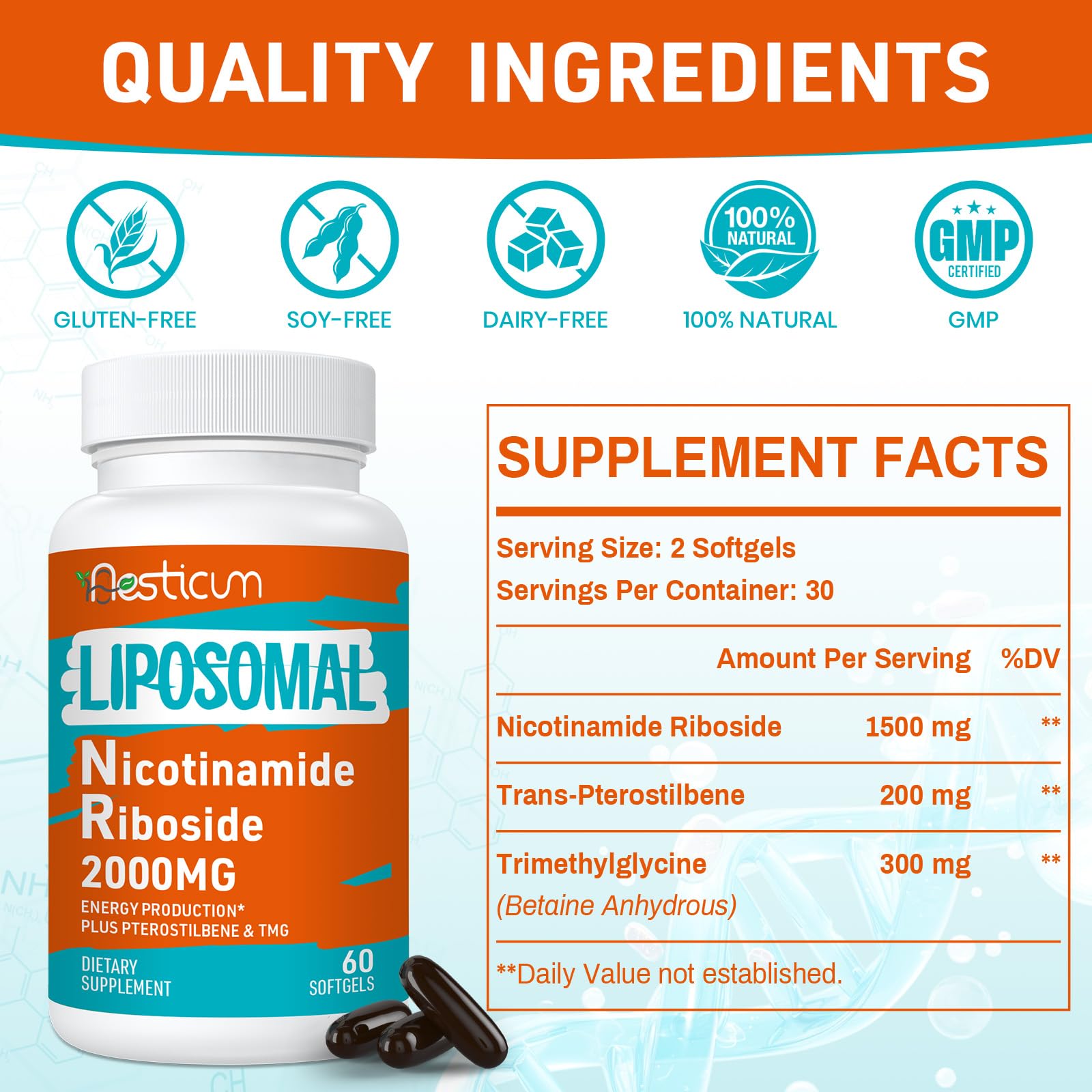 Aesticum 2000 MG Nicotinamide Riboside, NMNH Supplement Alternative, Liposomal Nicotinamide Riboside Supplement with TMG & Pterostilbene - NAD*, Energy, Focus, Immunity, Age Resist - 120 Softgels Aesticum Au supplements