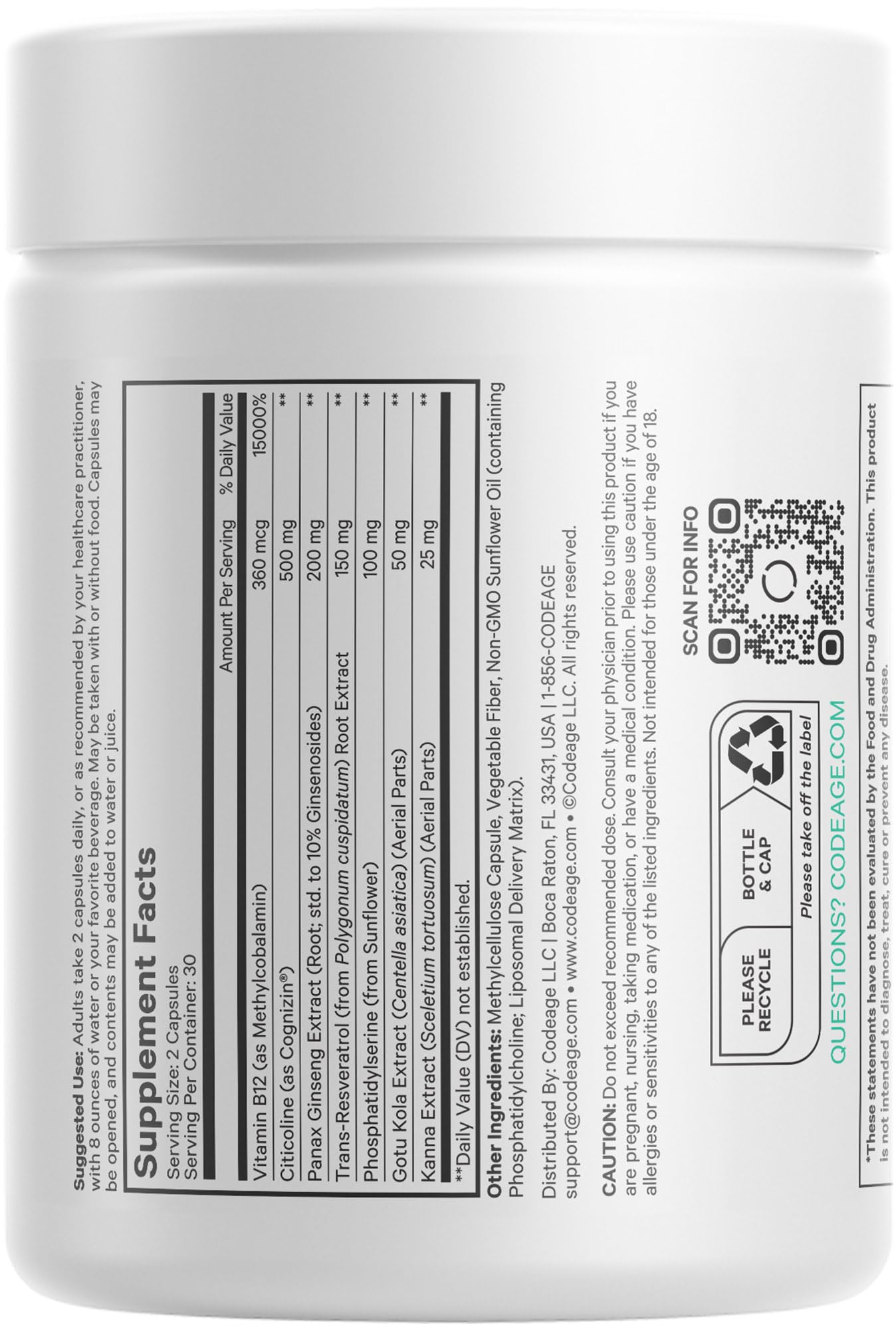 Codeage Brain Focus Vitamins+ Nootropic Supplement with Citicoline as Cognizin, Panax Ginseng, Resveratrol, Gotu Kola, Vitamin B12 Methylcobalamin - Liposomal Delivery - Non-GMO - 60 Capsules Codeage Au supplements