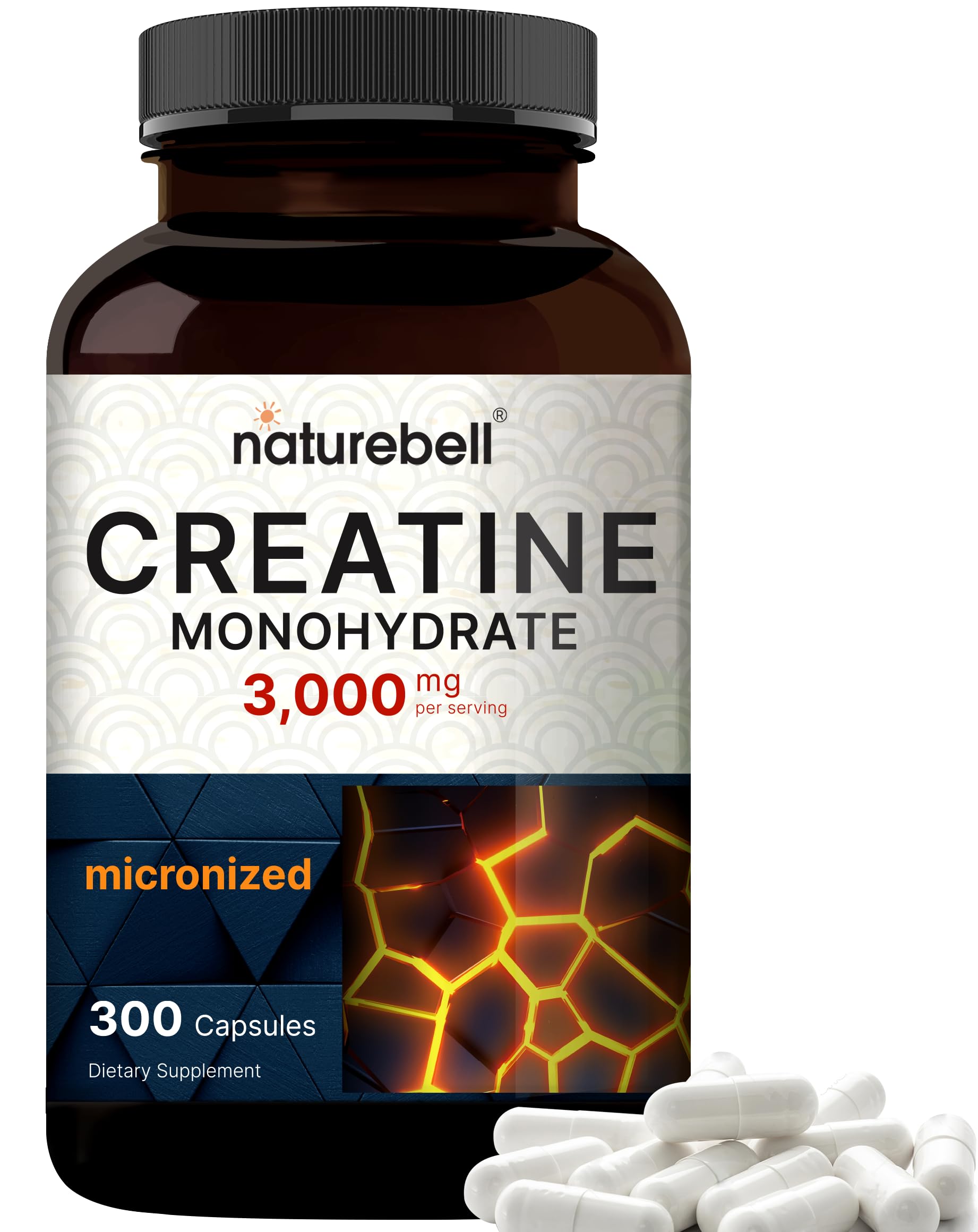 Creatine Monohydrate Capsules 3,000mg Per Serving, 300 Count | Micronized, Unflavored Creatine Pills | Pre-Workout & Muscle Strength Support | Easy to Swallow, Filler-Free | 50 Servings NatureBell Au supplements