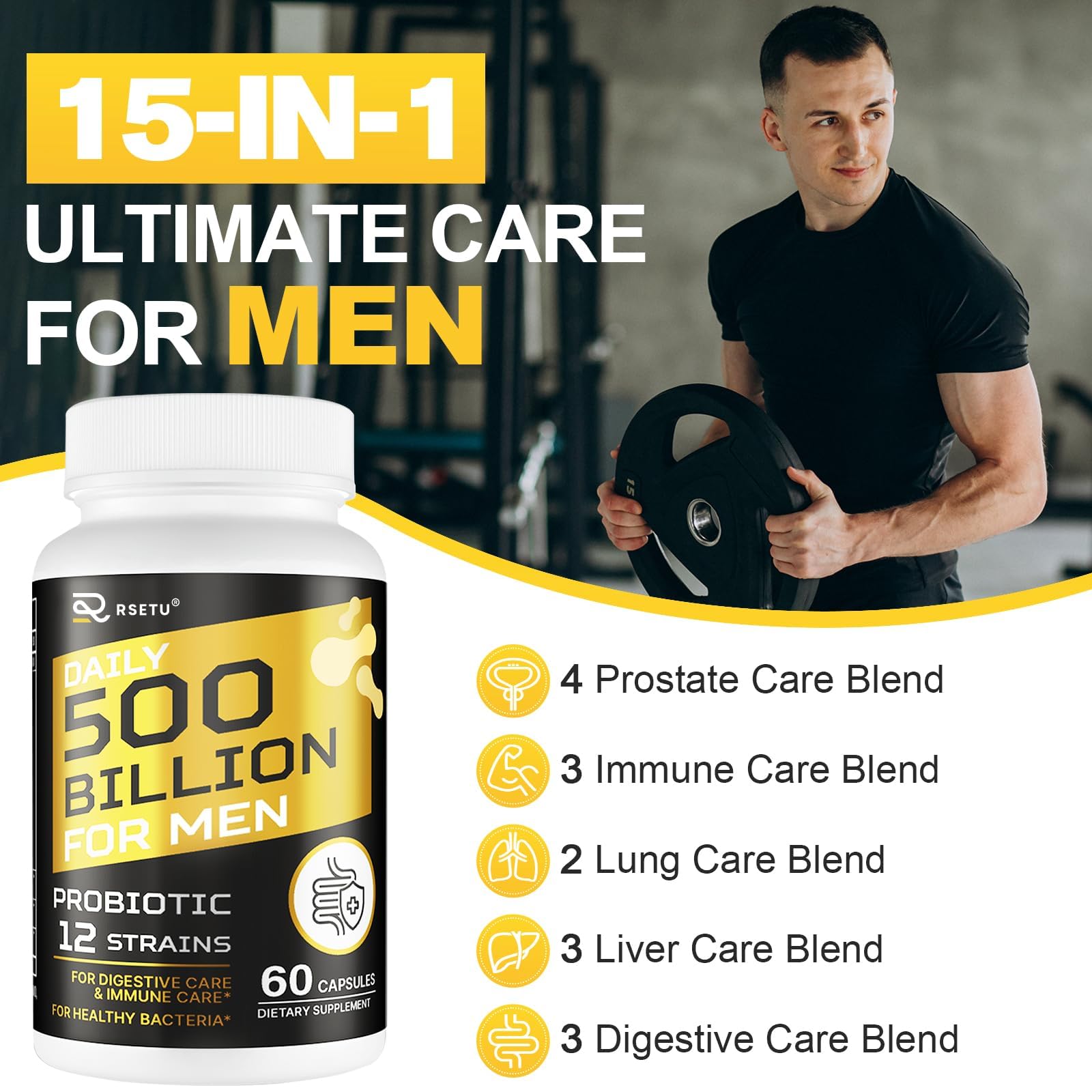 Probiotics for Men, 500 Billion CFUs & 12 Strains Mens Probiotic with Turmeric Cranberry, Goji, Gut Health for Men, for Digestive Health, Gut, Bloating & Gas, Immune, Energy Support, 120-Day Supply RSETU Au supplements