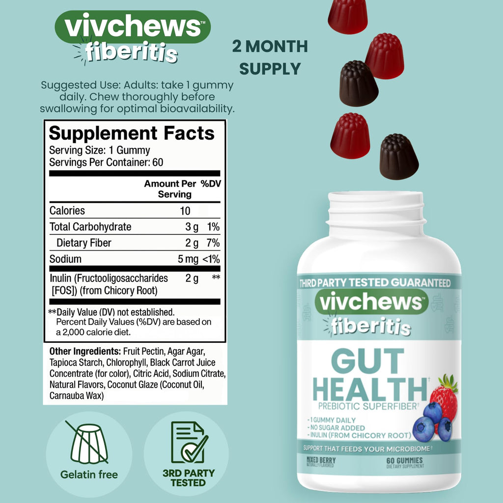 vivchews Gut Health Gummies – Prebiotic Fiber for Bloating Relief, No Sugar Added, Non-GMO, Fruit Pectin Based, Gluten-Free, No Artificial Colors,