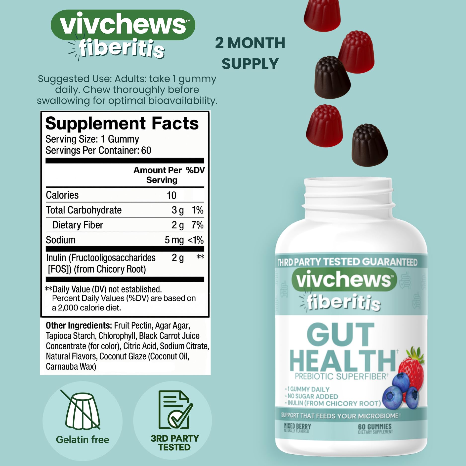 vivchews Gut Health Gummies – Prebiotic Fiber for Bloating Relief, No Sugar Added, Non-GMO, Fruit Pectin Based, Gluten-Free, No Artificial Colors,