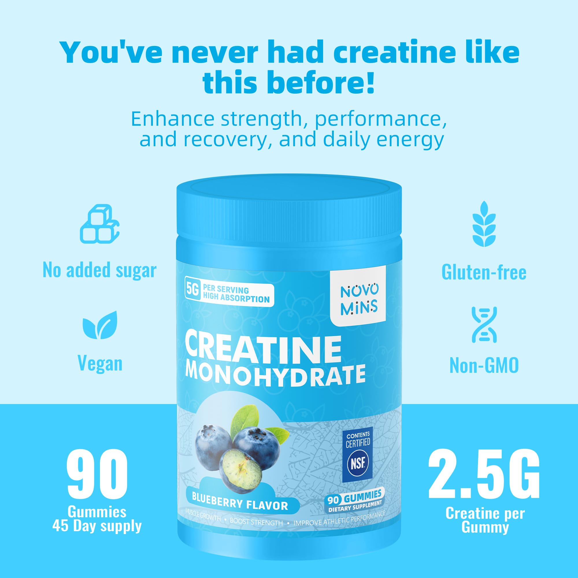 novomins Creatine Monohydrate Gummies 5000mg for Men & Women, Chewables Creatine Monohydrate for Muscle Strength, Muscle Builder, Energy Boost, Pre-Workout Supplement