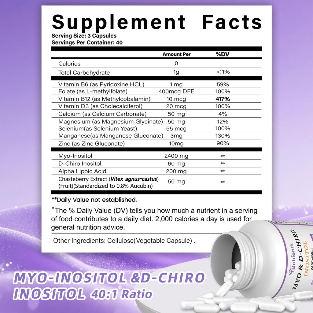13-in-1 Myo Inositol & D-Chiro Inositol for Women PCOS,Hormonal Balance,2460mg-40:1 Ratio,Ovarian Health&Cycle Support Supplement Plus Alpha Lipoic Acid/Folate/Vitex/Magnesium/Multivitamin,120 Veg Cap Bebien fit Au supplements
