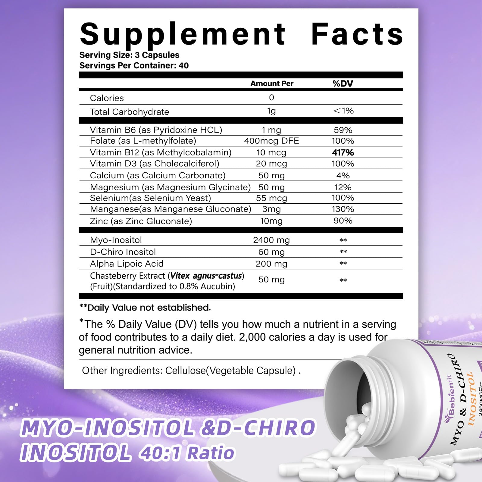 13-in-1 Myo Inositol & D-Chiro Inositol for Women PCOS,Hormonal Balance,2460mg-40:1 Ratio,Ovarian Health&Cycle Support Supplement Plus Alpha Lipoic Acid/Folate/Vitex/Magnesium/Multivitamin,120 Veg Cap Bebien fit Au supplements