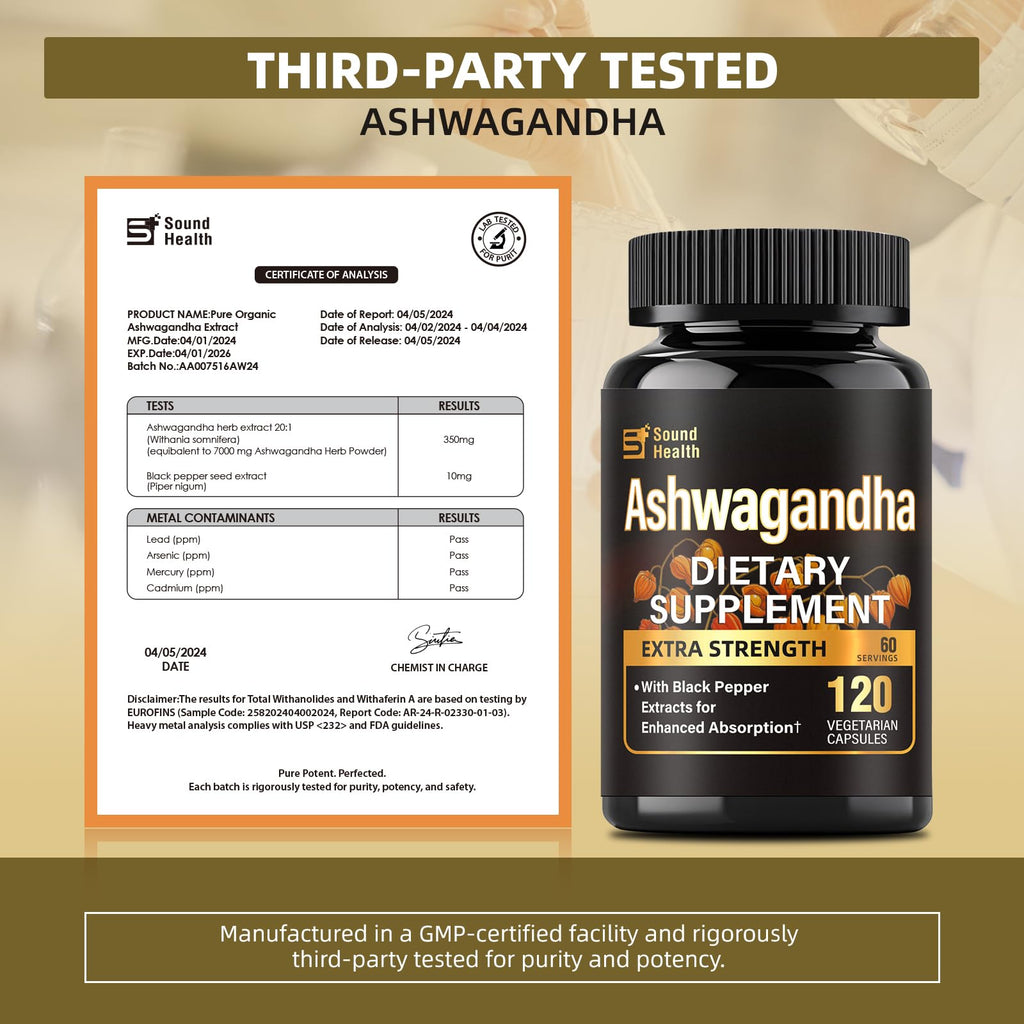 7000mg Ashwagandha Supplements Powder (20:1 Root Extract), 120 Organic Ashwagandha Capsules for Women & Men, Black Pepper & BioPerine for Absorption, Non GMO, Third-Party Tested, Gluten Free SoundHealth Au supplements