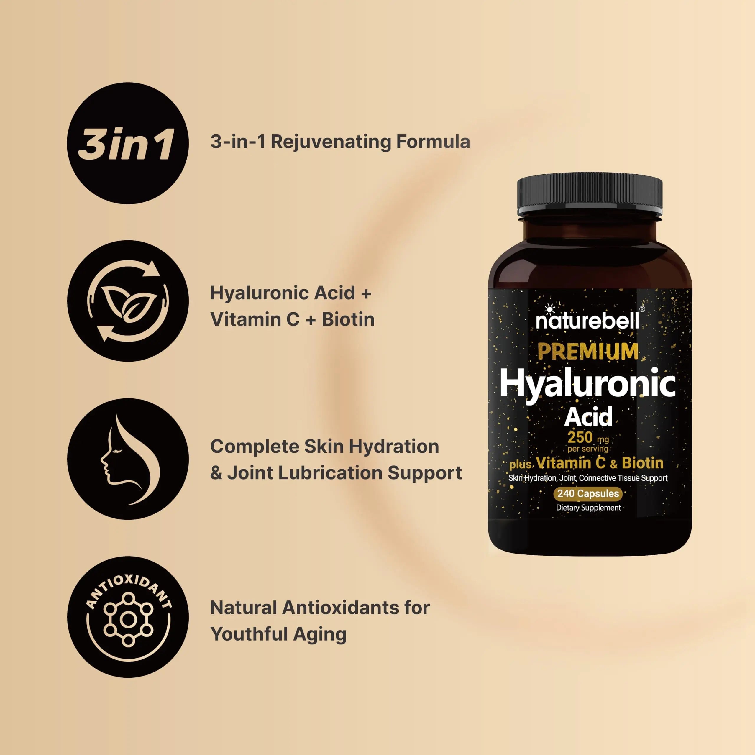 NatureBell Hyaluronic Acid Supplements 250mg | 240 Capsules, with Biotin 5000mcg NatureBell Au supplements
