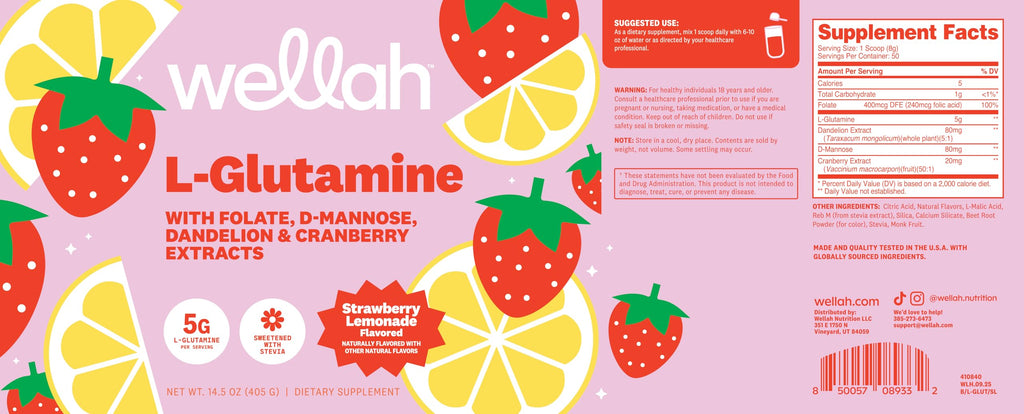 Wellah L-Glutamine Strawberry Lemonade Flavored (50 Servings) - 5g L-Glutamine Per Serving, Sweetened with Stevia