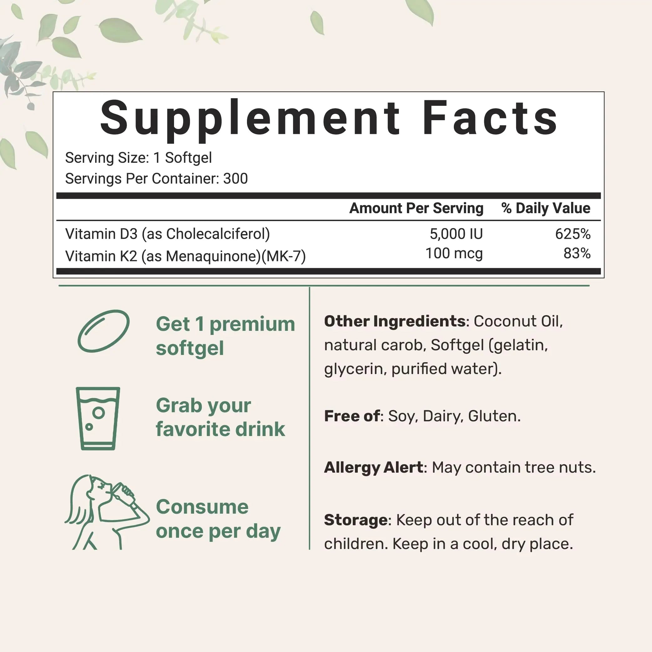 Vitamin D3 5000 IU Plus K2 (MK-7) 100 mcg, 300 Virgin Coconut Oil Softgels Micro Ingredients Au supplements