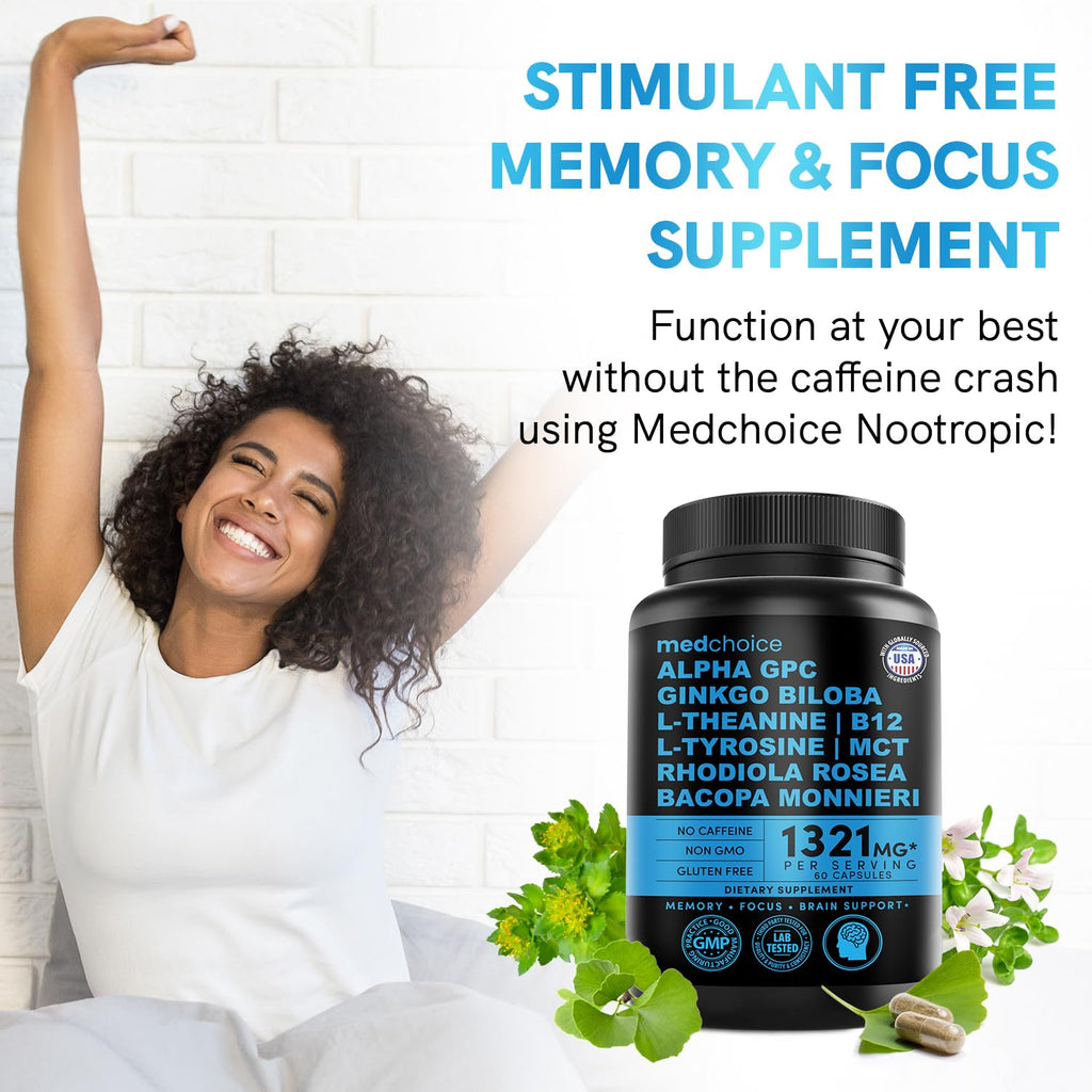 12-in-1 Nootropic Brain Supplement Anhydrous: Ginkgo Biloba for Brain Support, Memory and Focus - B12, Alpha GPC, L Theanine and Choline Supplements with Bioperine non Caffeinated 1321mg (120ct) MEDCHOICE Au supplements