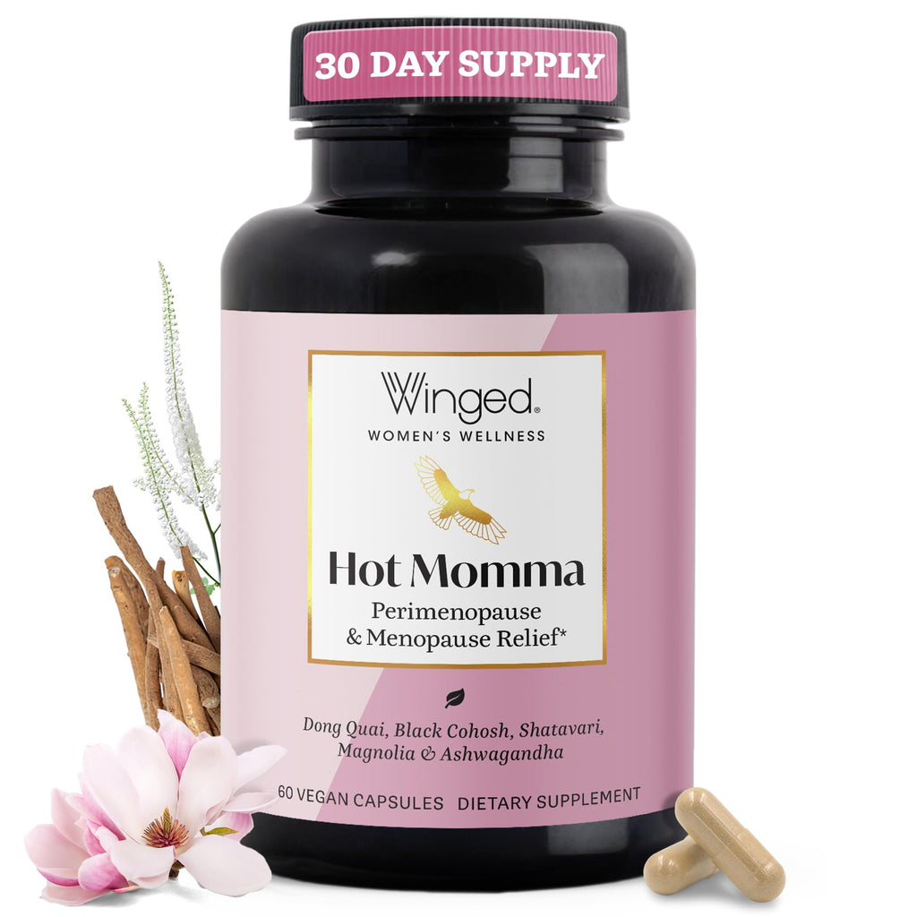 Winged Wellness Hot Momma Menopause Supplements for Women - Hormone-Free Menopause Relief Support for Hot Flashes & Night Sweats with Chaste Tree Berry, Multivitamins & Shatavari - 60 Vegan Capsules Winged Wellness Au supplements