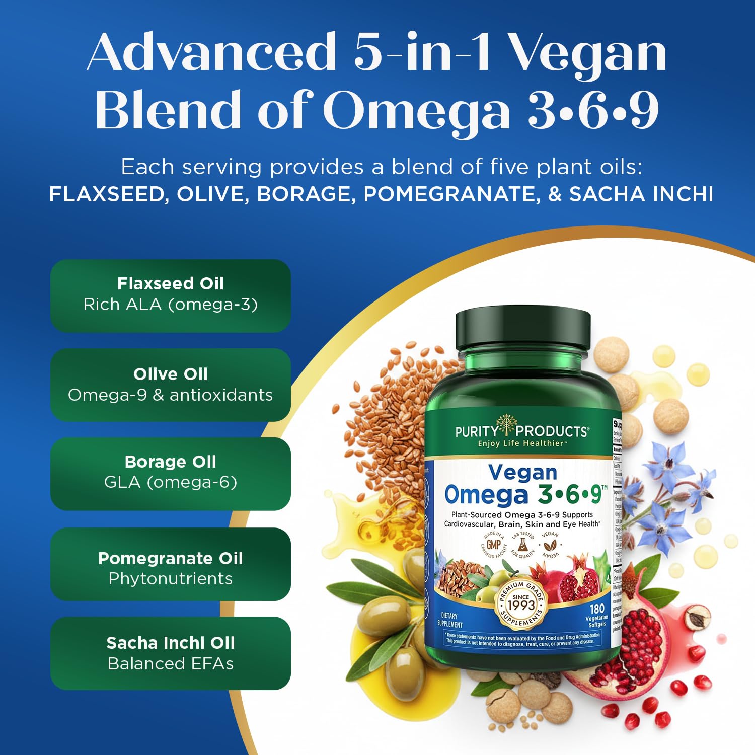 Purity Products Vegan Omega 3 6 9 Formula - “5 in 1” Essential Fatty Acid Complex - Scientifically Formulated Plant-Based Vegan Omega 3-6-9 Essential Fatty Acids