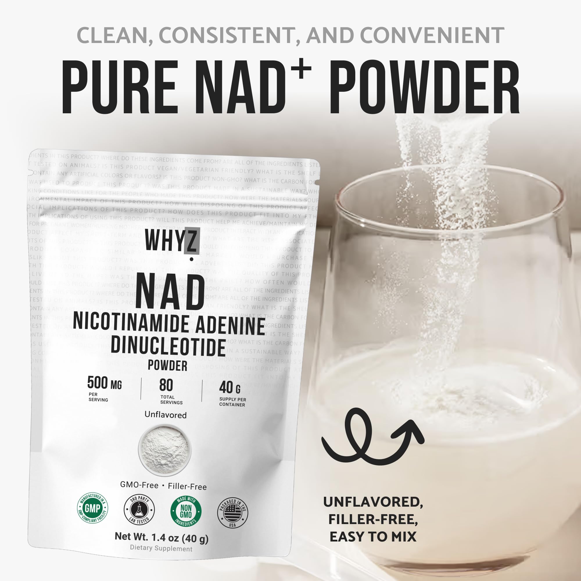 Pure NAD Powder Nicotinamide Adenine Dinucleotide Supplement Unflavored and Gluten-Free Premium Pure NAD Powder for Daily Wellness and Nutrition Support, 40g WHYZ Au supplements
