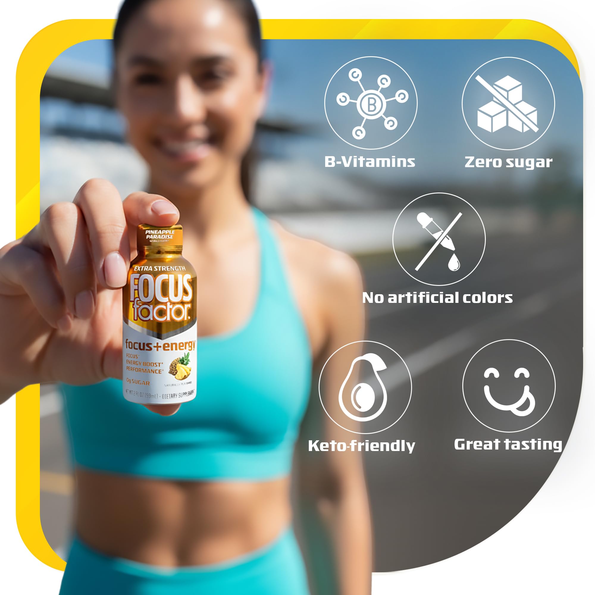 Focus Factor Extra Strength Focus + Energy Shots - 12 x 2oz Bottles (Pineapple Paradise Flavor) - Powered by Nootropics with Caffeine, L-Theanine, Ginkgo, Bacopa, L-Tyrosine, Alpha GPC Focus Factor Au supplements