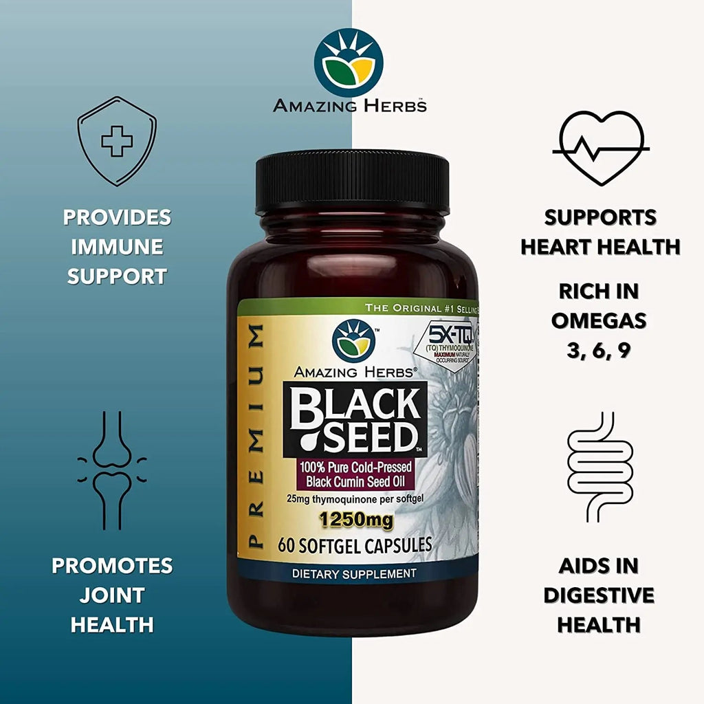 Amazing Herbs Premium Black Seed Oil Capsules - High Potency, Cold Pressed Nigella Amazing Herbs Au supplements
