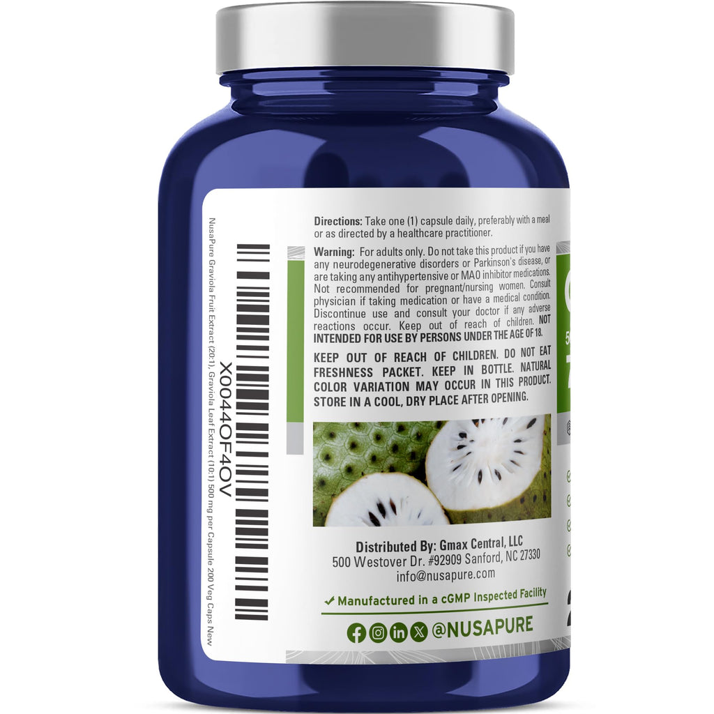 NusaPure Graviola 20:1 & 10:1 Extract - Suitable for Vegetarian/Vegan, Non- GMO - 7500 mg - 200 Capsules NusaPure Au supplements