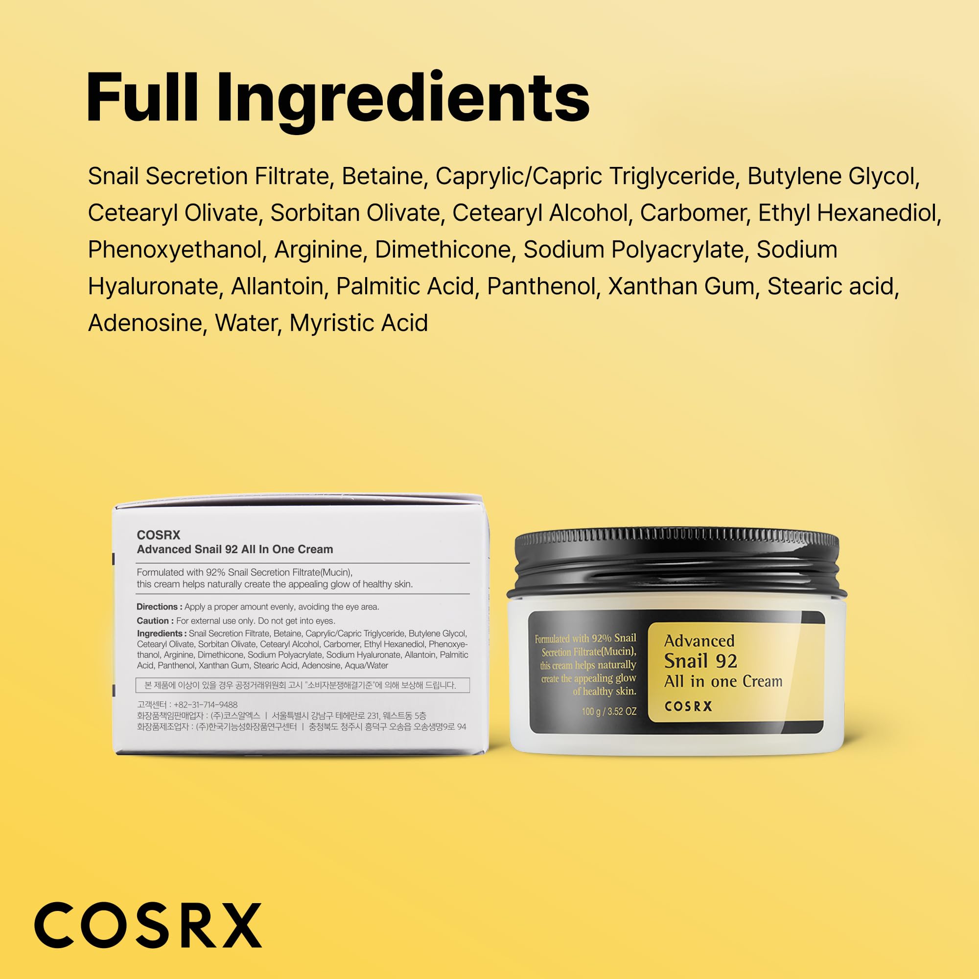 COSRX Snail Mucin 92% Face Moisturizer, 3.52 Oz, Lightweight Moisturing Cream for Soft