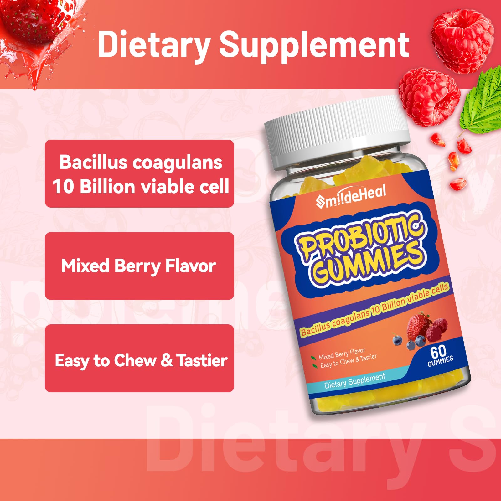SmildeHeal Probiotic Gummies for Digestive Health - 10 Billion CFU Bacillus Coagulans - Vegan & Non-GMO - Immune & Digestive Support for Men & Women