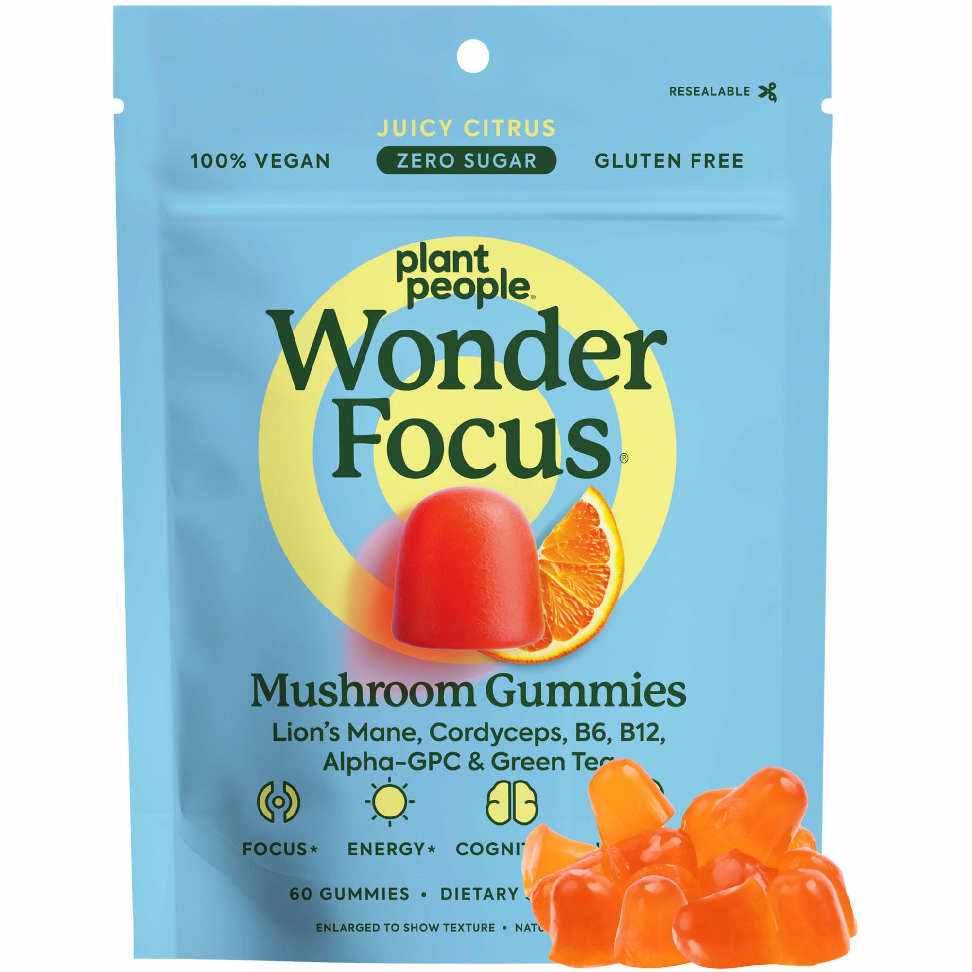 Plant People WonderFocus Mushroom Gummies with Lion’s Mane & Cordyceps - Nootropic Brain Supplement Boosts Memory, Focus, Energy & Mood in Adults | No Sugar, 100% Vegan, Citrus Flavor, 60 Count Plant People Au supplements
