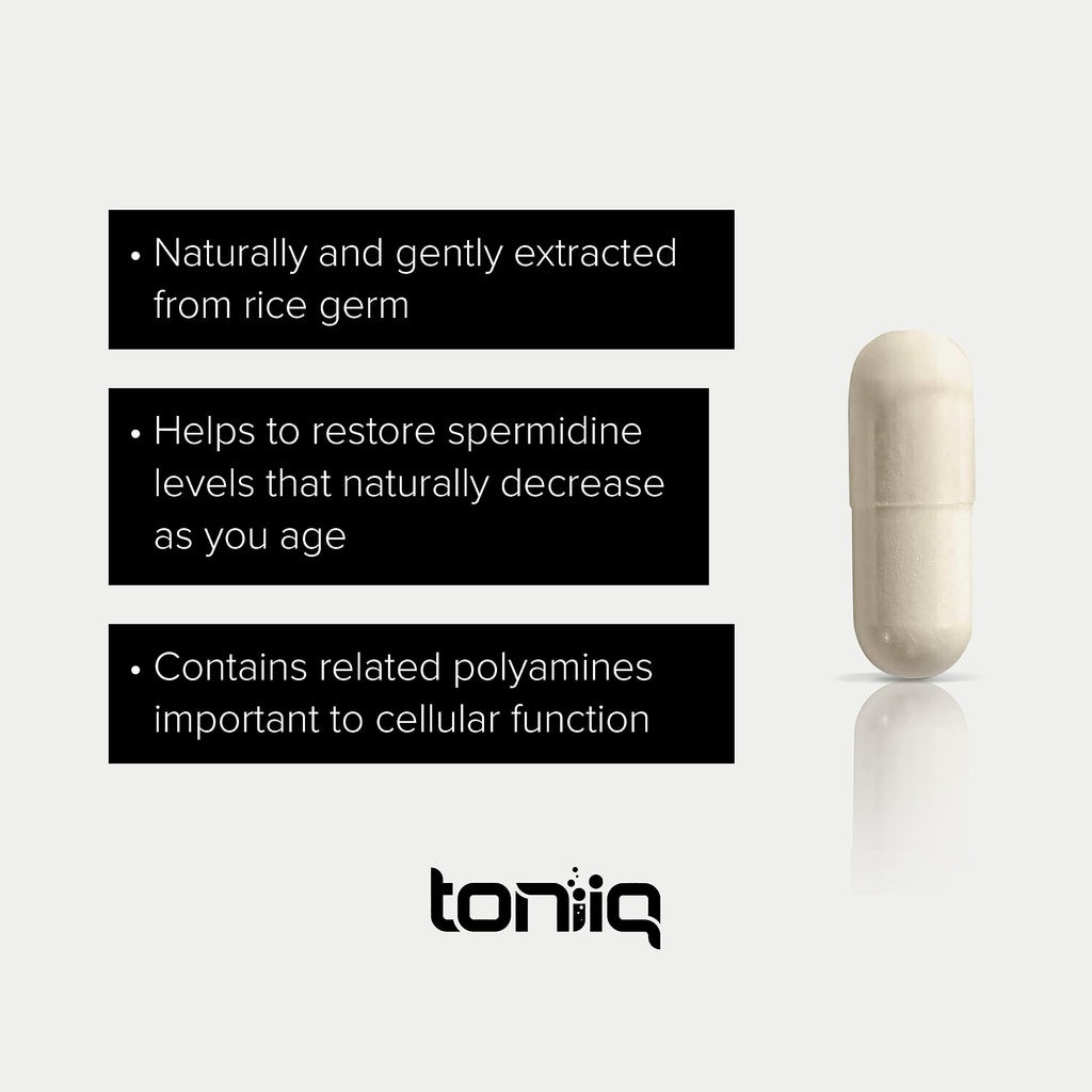 Toniiq Ultra Concentrated 500mg Spermidine Supplements for Men and Women - Non-Synthetic Spermidine Standardized to No Less Than 1% - 5mg per Serving Rice Germ Extract Toniiq Au supplements