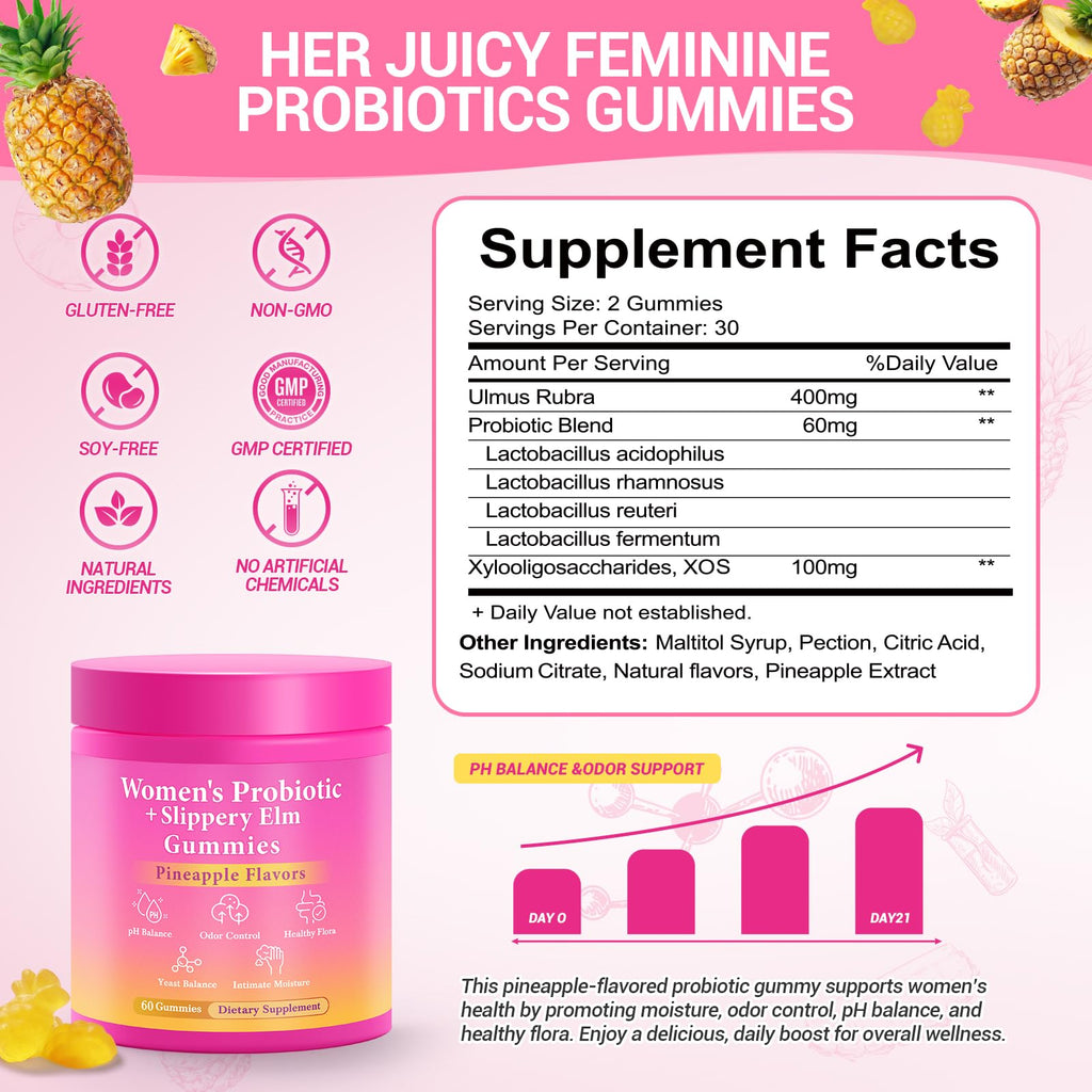 BURMINY Her Juicy Feminine Probiotics Gummies, Premium Feminine Balance Probiotics with Slippery Elm for Women's pH Balance and Freshness – Support Daily Wellness
