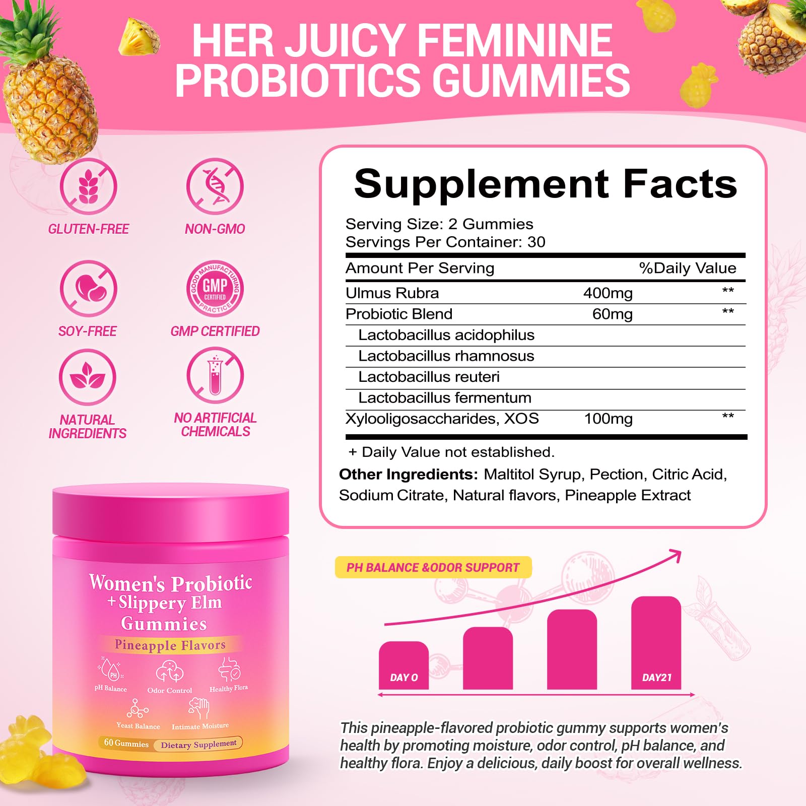 BURMINY Her Juicy Feminine Probiotics Gummies, Premium Feminine Balance Probiotics with Slippery Elm for Women's pH Balance and Freshness – Support Daily Wellness