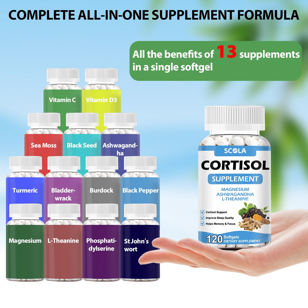 SCOLA Cortisol Supplement for Women and Men with Magnesium, Ashwagandha/L-Theanine, Cortisol Detox Manager, Cortisol Reducer Supports Relaxation & Calm, Mood, Sleep, 120 Count SCOLA Au supplements