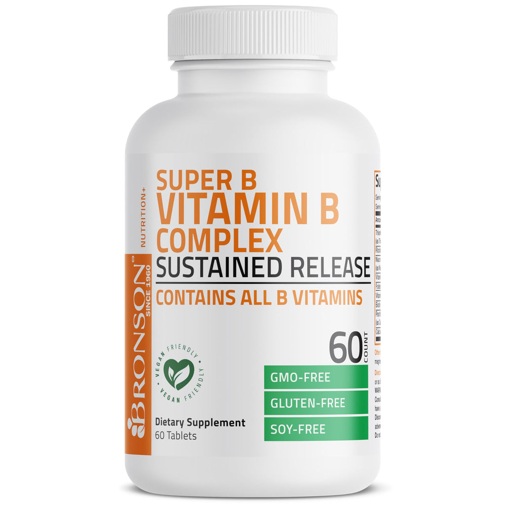 Bronson Super B Vitamin B Complex Sustained Slow Release (Vitamin B1, B2, B3, B6, B9 - Folic Acid, B12) Contains All B Vitamins 60 Tablets