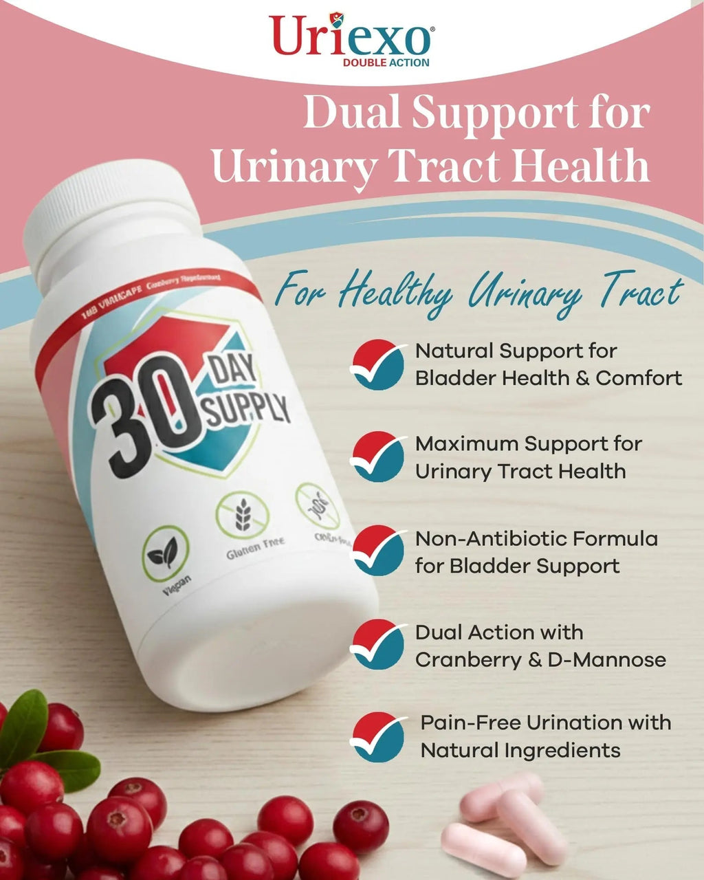 Uriexo Double Action Support Cranberry Pills - Urinary Tract Health Supplement with 36mg Proanthocyanidins PACs & 2000mg D-Mannose, Capsules for Men & Women, Non-Antibiotic Formula, 30 Day Supply Uriexo Au supplements