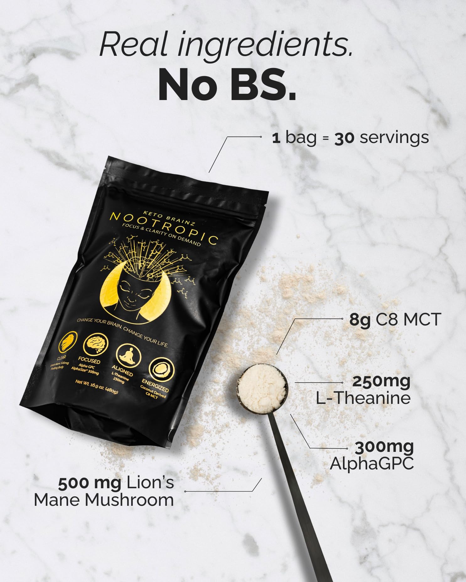 Keto Brainz C8MCT Based Nootropic - with 500mg Lion's Mane Mushroom, AlphaGPC & L-Theanine This is The Ultimate Easy to use nootropic Stack & Makes Delicious Mushroom Coffee! 16oz. 30 Servings Keto Brainz Au supplements