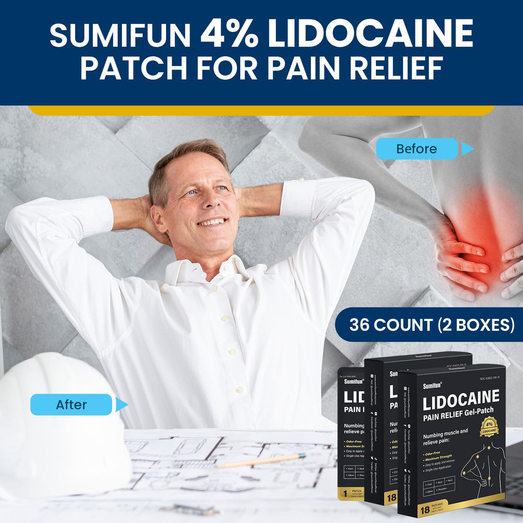 Sumifun 4% Lidocaine Pain Relief Patches - 36 Count Patches for Back, Shoulder, Muscle, Joints, Knee Pain Relief - Lower Back Pain Relief Products - Pain Patches Maximum Strength Lidocaine Sumifun Au supplements
