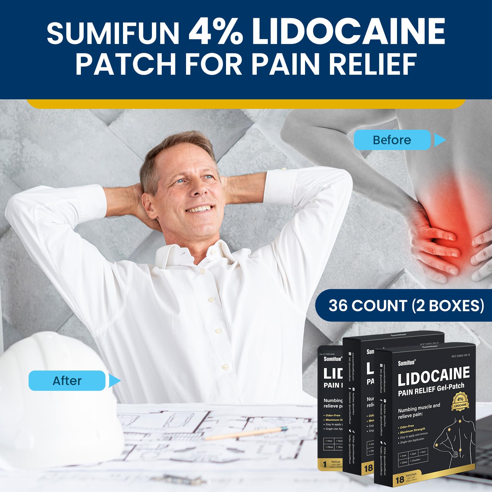 Sumifun 4% Lidocaine Pain Relief Patches - 36 Count Patches for Back, Shoulder, Muscle, Joints, Knee Pain Relief - Lower Back Pain Relief Products - Pain Patches Maximum Strength Lidocaine Sumifun Au supplements