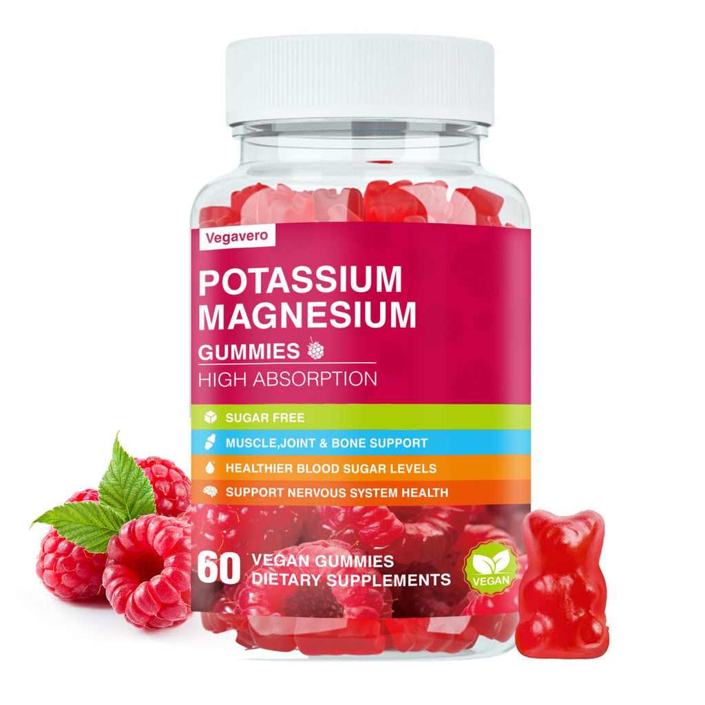 Potassium Magnesium Gummies - High Absorption Magnesium Glycinate & Potassium Citrate Plus Coenzyme Q10, DHA, D3, Mineral & Calcium for Zzz, Leg Cramps & Muscle - 60 Raspberry Gummies Vegavero Au supplements