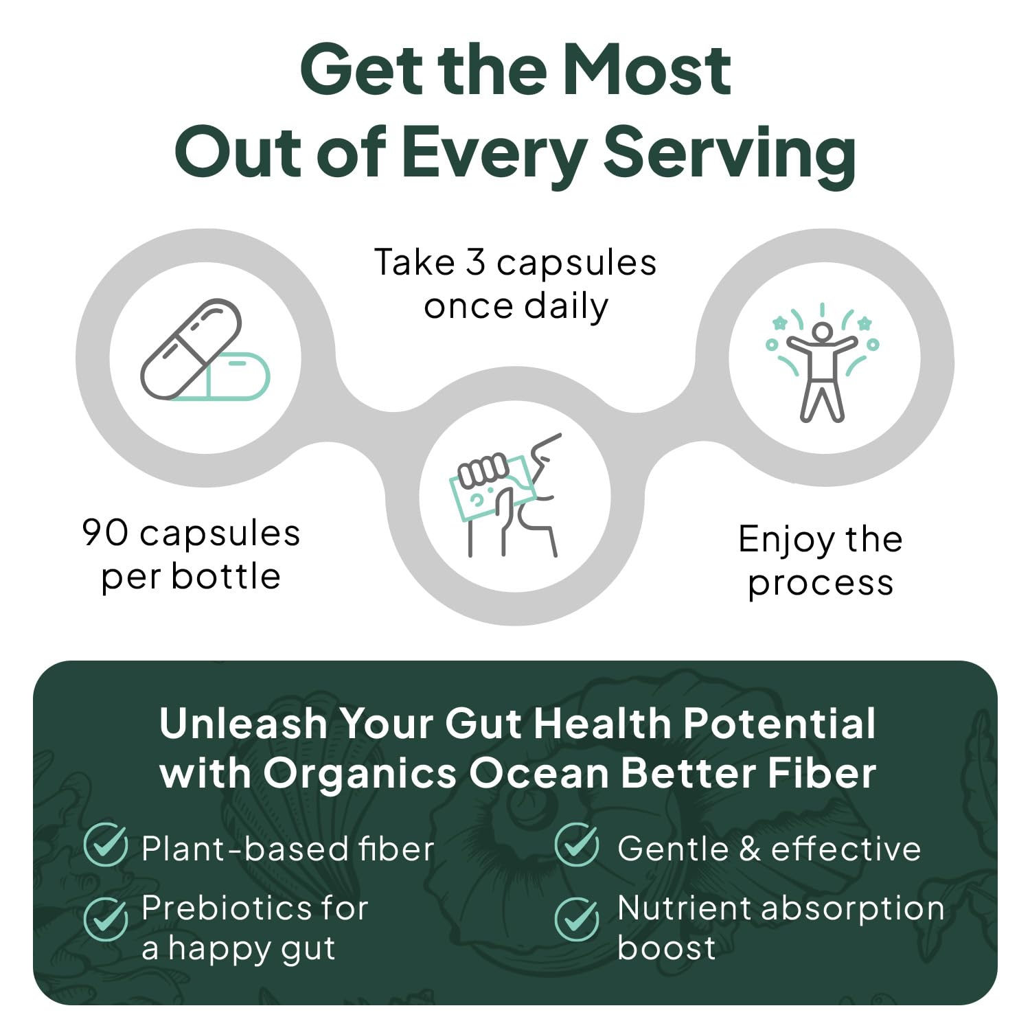 Organics Ocean Better Fiber - Daily Fiber Supplement - Soften Stool for Effortless Bowel Movements - with Psyllium Hulk and Slippery Elm - 90 Capsules