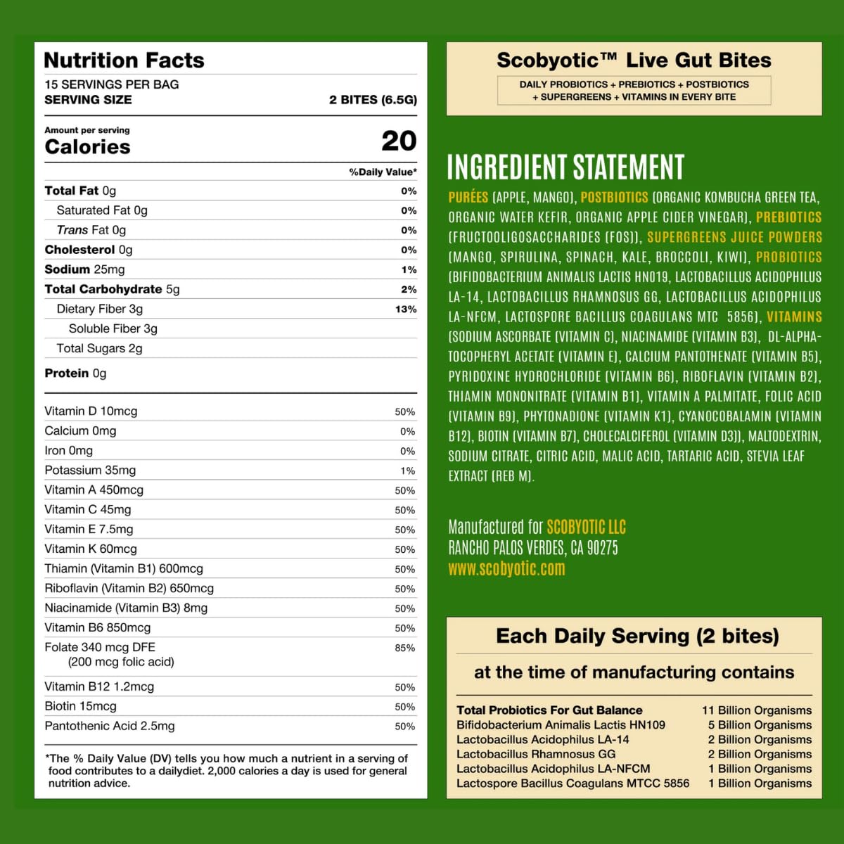 Scobyotic® Kombucha Supergreens Live Gut Bites – 10 Billion CFU Probiotics + Prebiotics & Postbiotics – Kombucha & Supergreens – Freeze-Dried Probiotic Supplement Scobyotic Au supplements