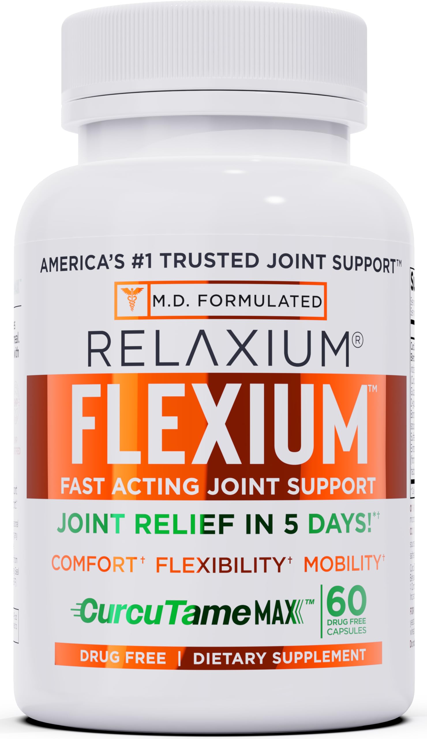 Relaxium Flexium Joint Support Supplement, Drug-Free, with CurcuTame Blend, Turmeric Supplement Formulated to Support Comfort and Mobility, 60 Capsules Relaxium Au supplements