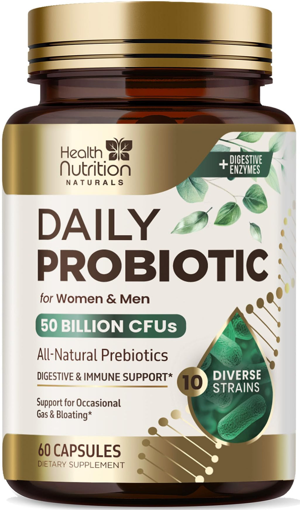 Probiotics 50 Billion CFU per Serving - 10 Strains + Prebiotics - Digestive Health, Gut & Immune Support - Occasional Constipation, Gas & Bloating Support for Women & Men, Bottled USA - 60 Capsules Health Nutrition Naturals Au supplements