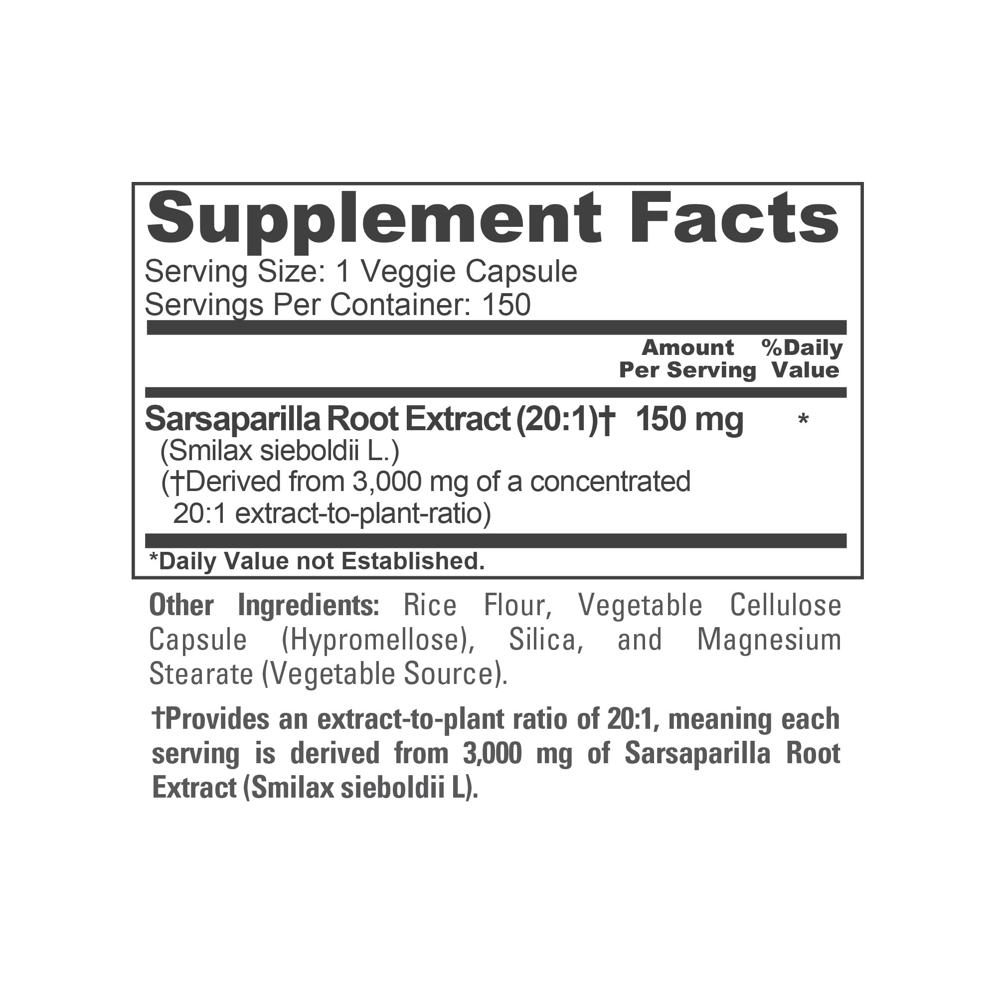 NusaPure Sarsaparilla Root 20:1 Extract - Suitable for Vegetarian/Vegan, Non - GMO - 3000 mg - 150 Capsules NusaPure Au supplements