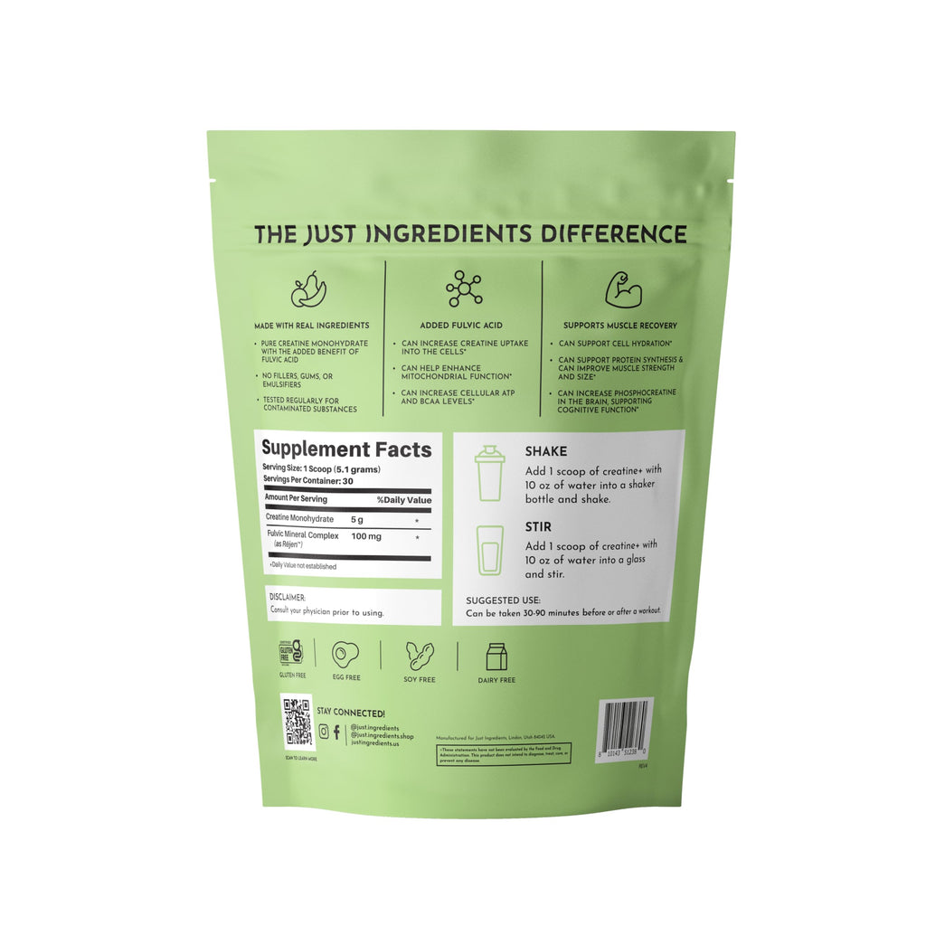 JUST INGREDIENTS Creatine Monohydrate Powder with Rejen Fulvic Mineral Complex - Supports Muscle Recovery, Energy, Strength, Cognitive Function - 30 Servings