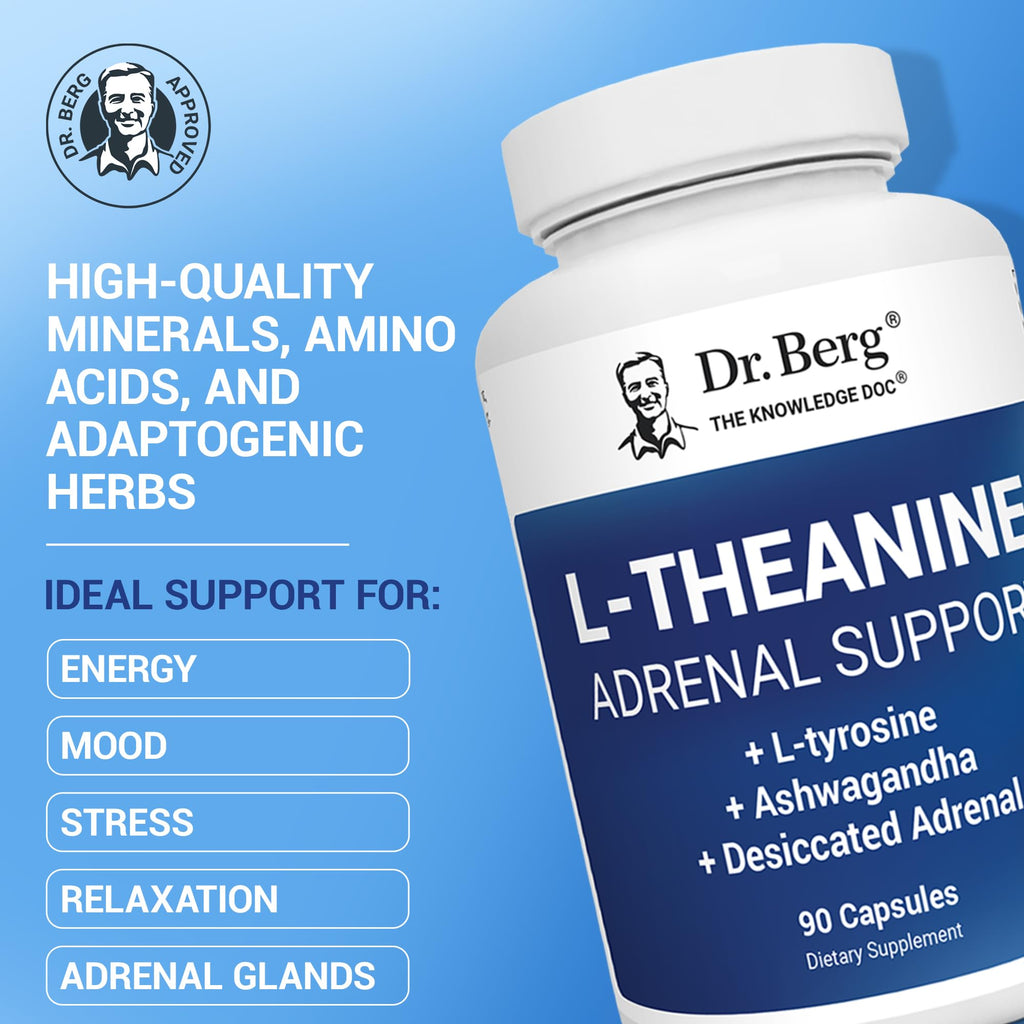 Dr. Berg L-Theanine 200mg - Includes Zinc, Copper, L-Tyrosine, & Ashwagandha – L-Theanine Supplement Adrenal Support - for Relaxation, Stress Relief, and Mental Clarity* – 90 Gelatin Capsules Dr. Berg Nutritionals Au supplements