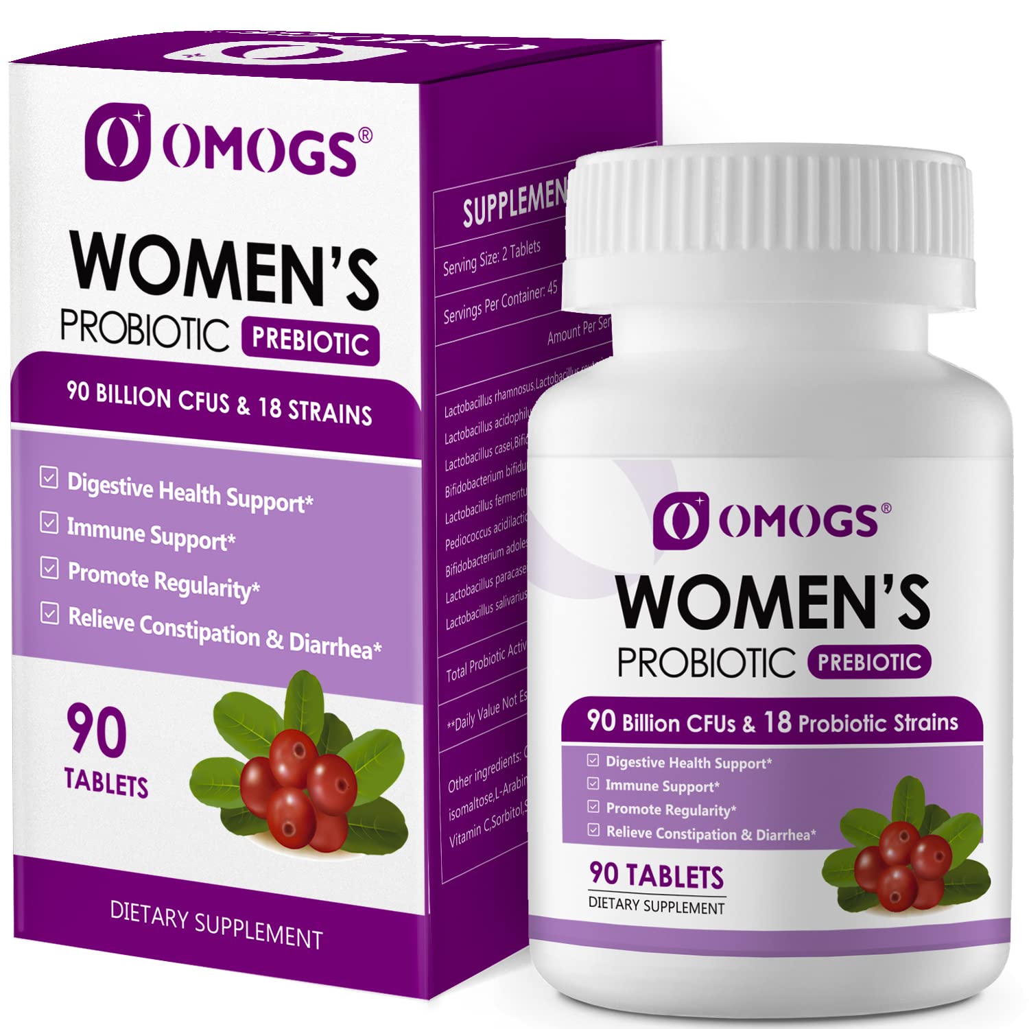 OMOGS Women's Probiotic, with Cranberry Extract, Organic Prebiotics & Vitamin C, 90 Billion CFUs,18 Strains, Help for Boost Immune, Digestive, Gut Health & Women's Health
