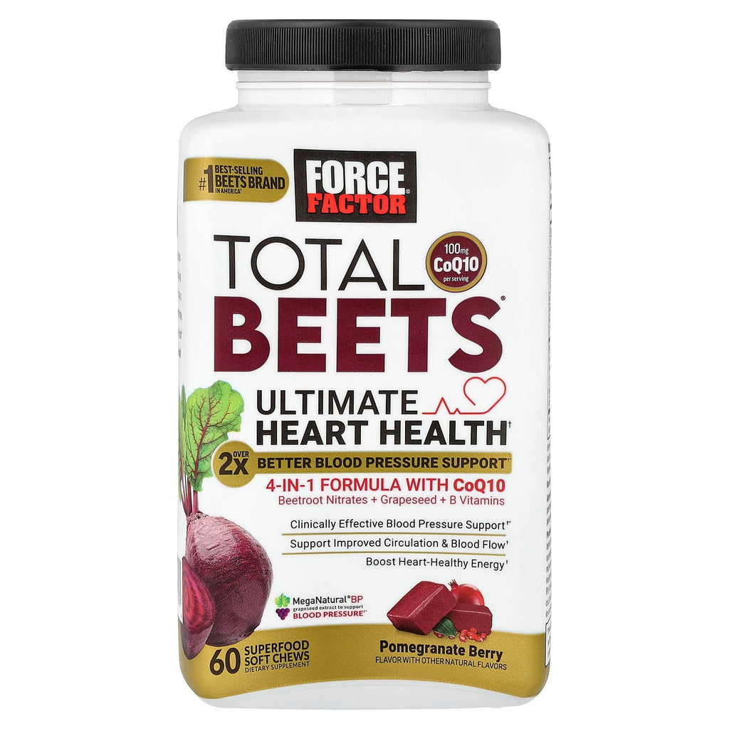 Force Factor Total Beets Ultimate Heart Health Chews for Blood Pressure Support, with Beetroot Powder, CoQ10, B Vitamins & Grapeseed Extract for Blood Flow & Energy