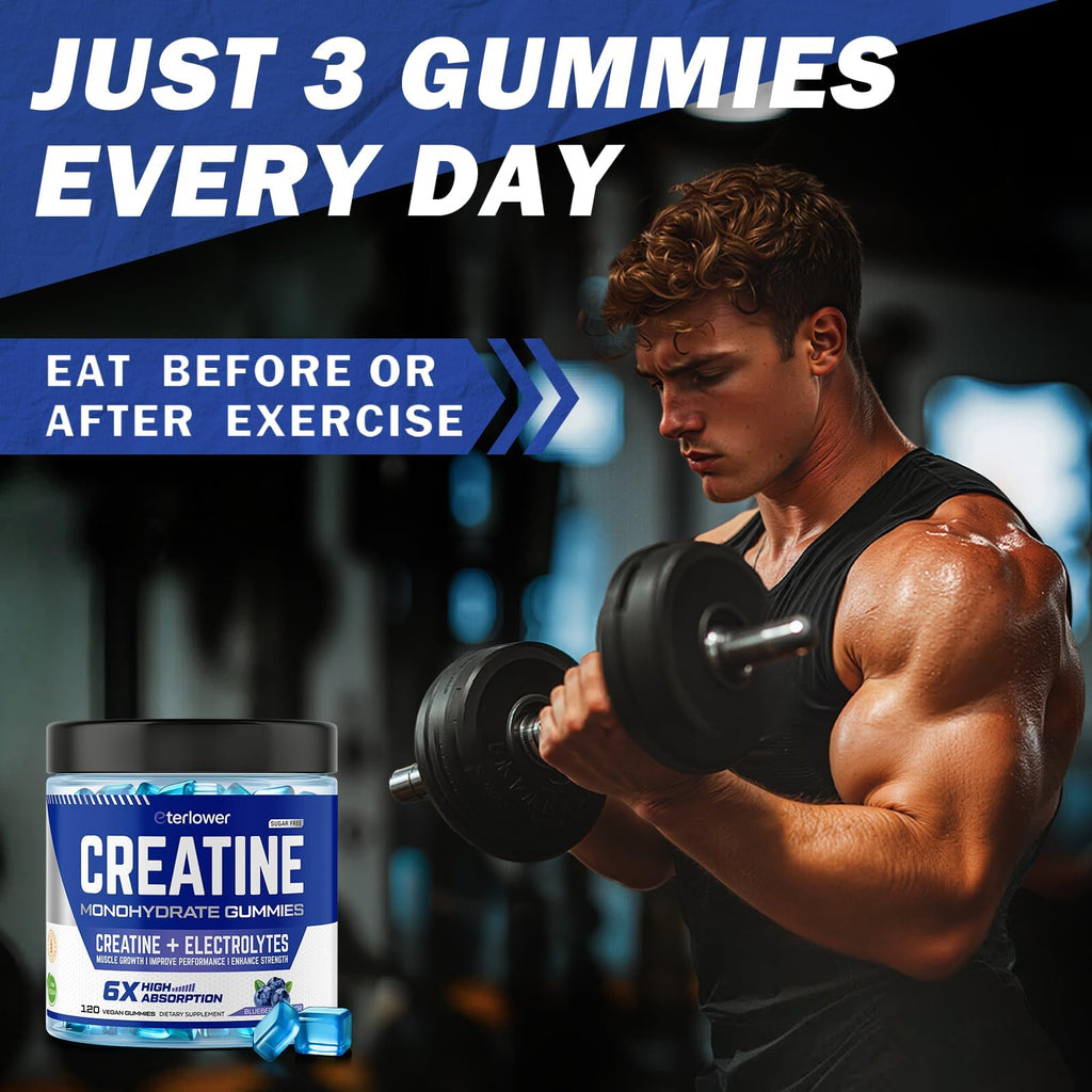eterlower Creatine Monohydrate Gummies 5g – Pre-Workout Energy & Muscle Growth Support for Men & Women | Blueberry Electrolyte Gummies, 120 Count