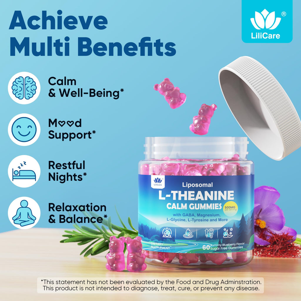 L Theanine Calm Gummies 500mg, Sugar-Free Liposomal L-Theanine Supplement, w/Safforn, Magnesium Glycinate, GABA, Ashwagandha, Algae Omega-3, Vitamin D3 B12