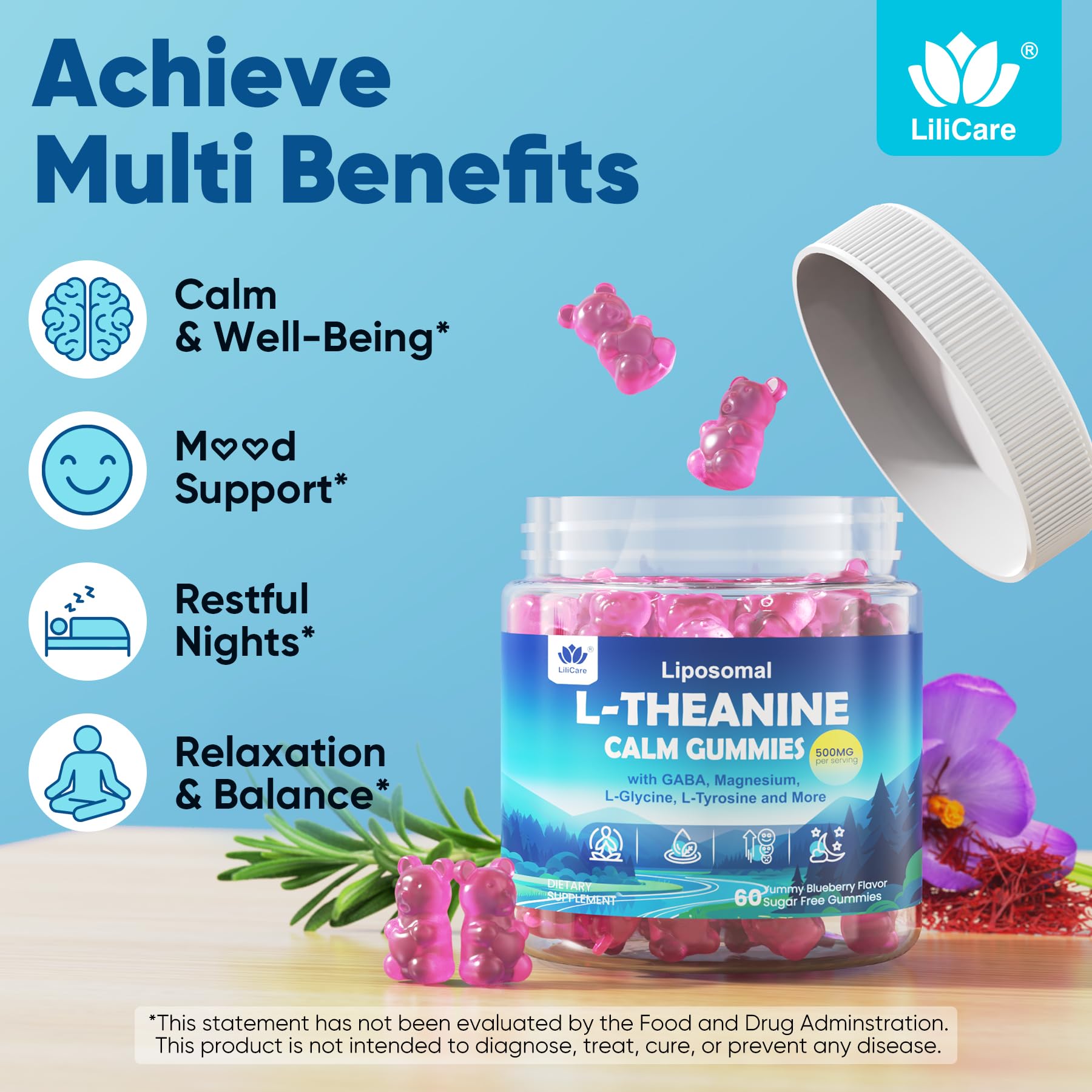 L Theanine Calm Gummies 500mg, Sugar-Free Liposomal L-Theanine Supplement, w/Safforn, Magnesium Glycinate, GABA, Ashwagandha, Algae Omega-3, Vitamin D3 B12