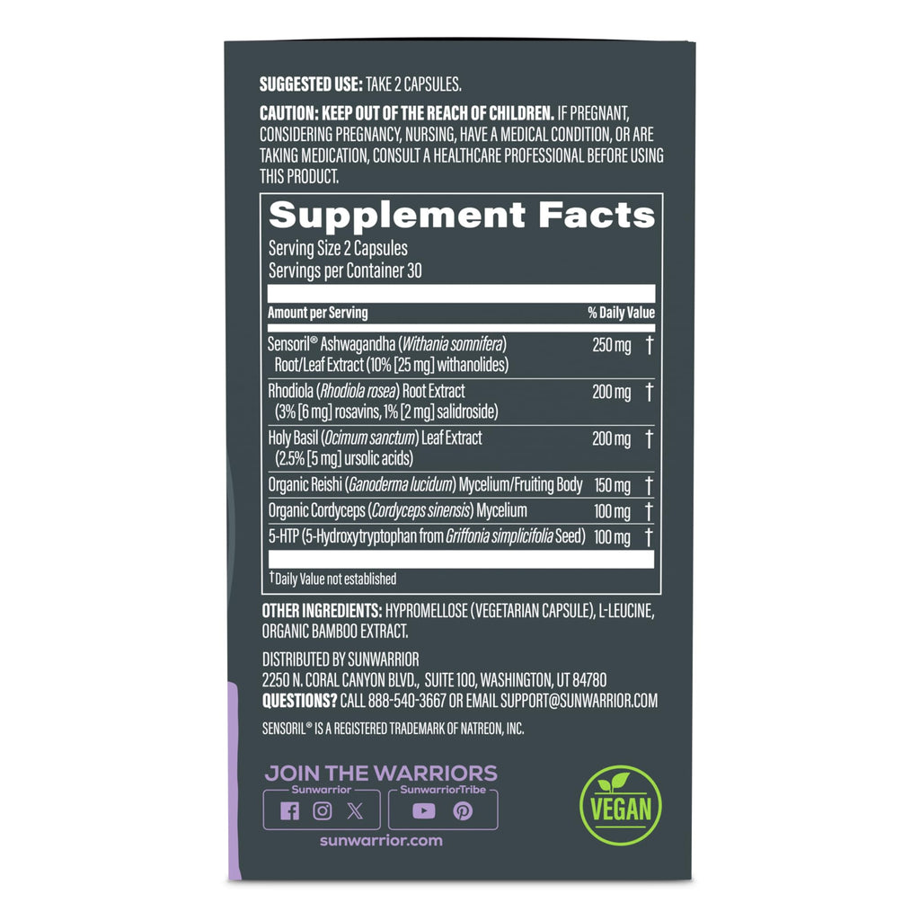 Ashwagandha, Rhodiola, Reishi & 5-HTP for Stress-Free Focus Active Focus & Balance Capsules Caffeine-Free Nootropic for Calm Energy & Mental Clarity, Mood & Immune Support 60 Vegan Capsules Sunwarrior Au supplements