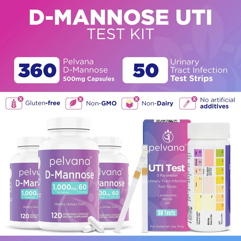 Pelvana D-Mannose UTI Kit for Women – UTI Test Strips & D-Mannose Supplement, At-Home Testing, Maintains Healthy Urinary Tract Balance, Flushes Impurities – 3 Bottles (120 Capsules) + 50 Test Strips Pelvana Au supplements